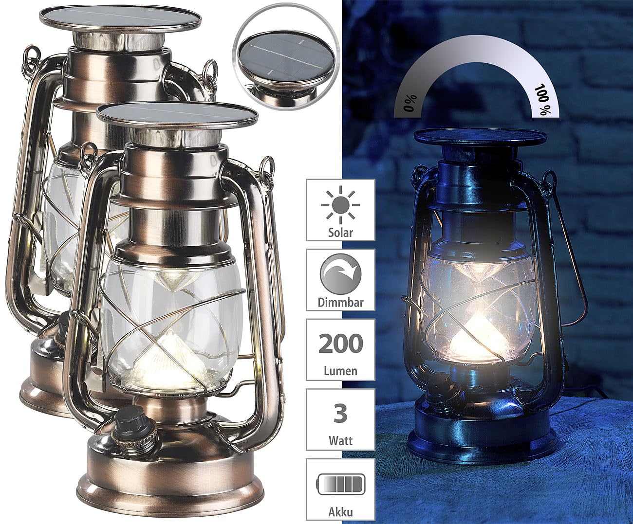 Lunartec Windlicht: 2er-Set helle Solar-LED-Sturmlampe, 200 lm, 3 W, warmweiß, Bronze (Sturmlaterne LED Solar, dimmbare Sturmlampe, Panel)