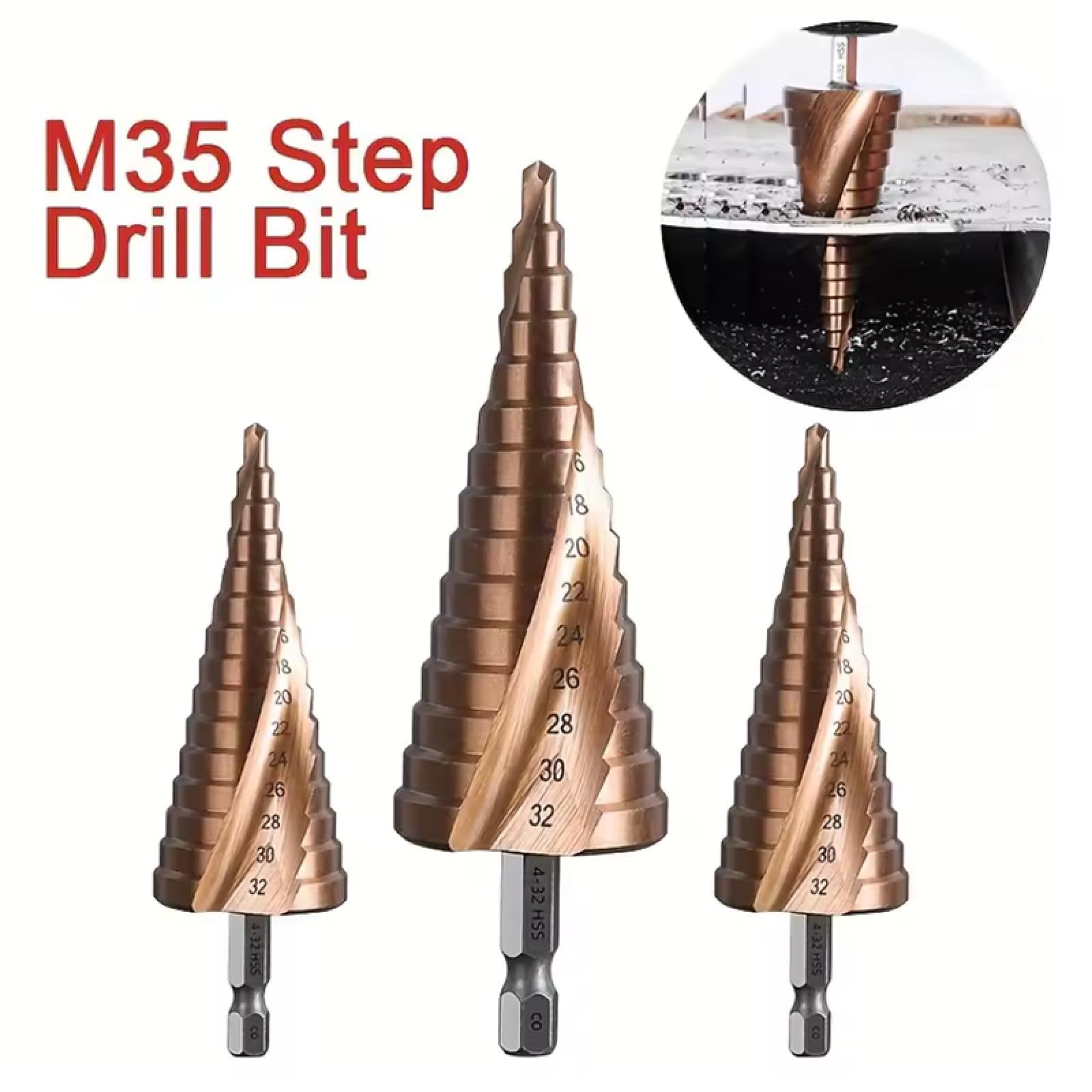 4-12/4-20/4-32mm M35 Kobalt Wiertło stopniowe stożkowe HSS-co Wiertło HSS spiralne Rowek trójkątny Trzonek do stali nierdzewnej (4-32MM)