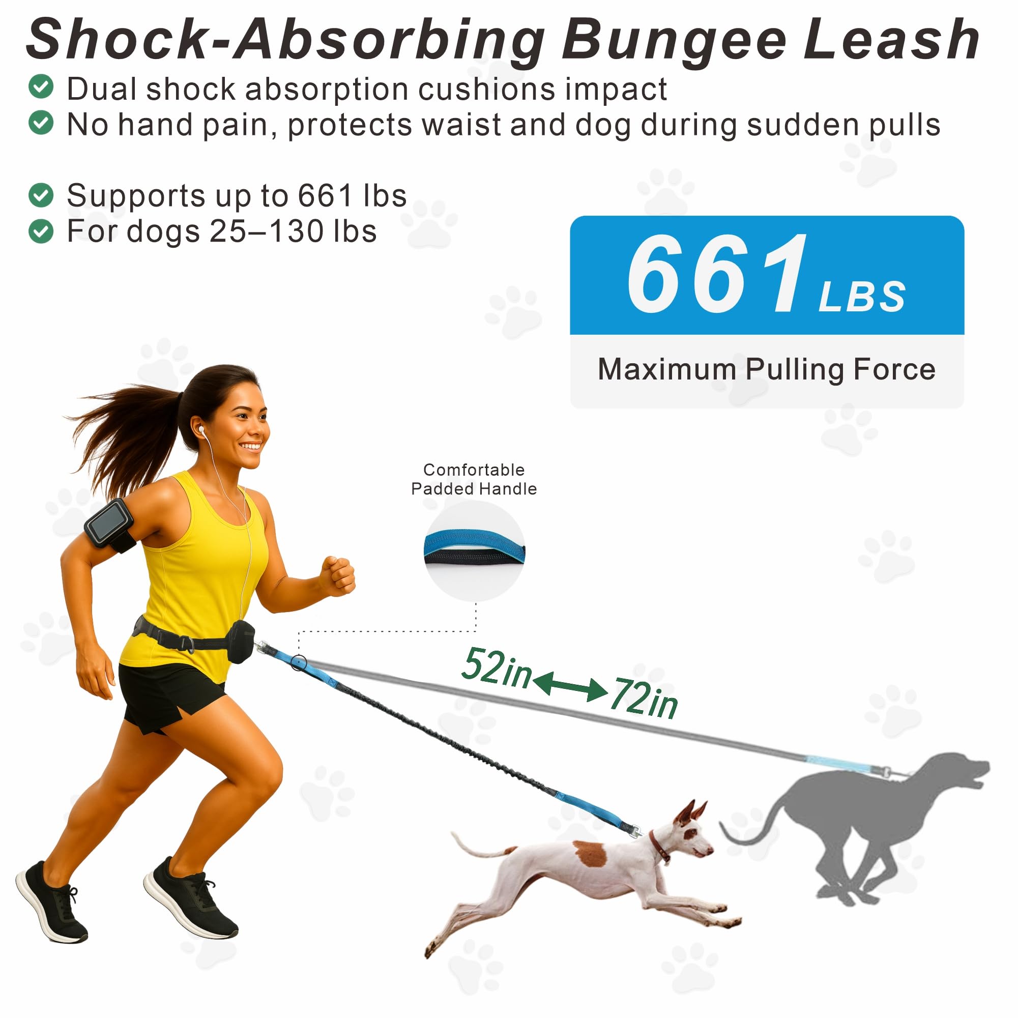 Hands-Free Dog Leash for Dogs up to 130 lbs – Heavy-Duty, Shock-Absorbing Bungee Leash with Zipper Pouch, Dual Padded Handles & Adjustable Waist Belt for Running & Walking – Sky Blue - image 2