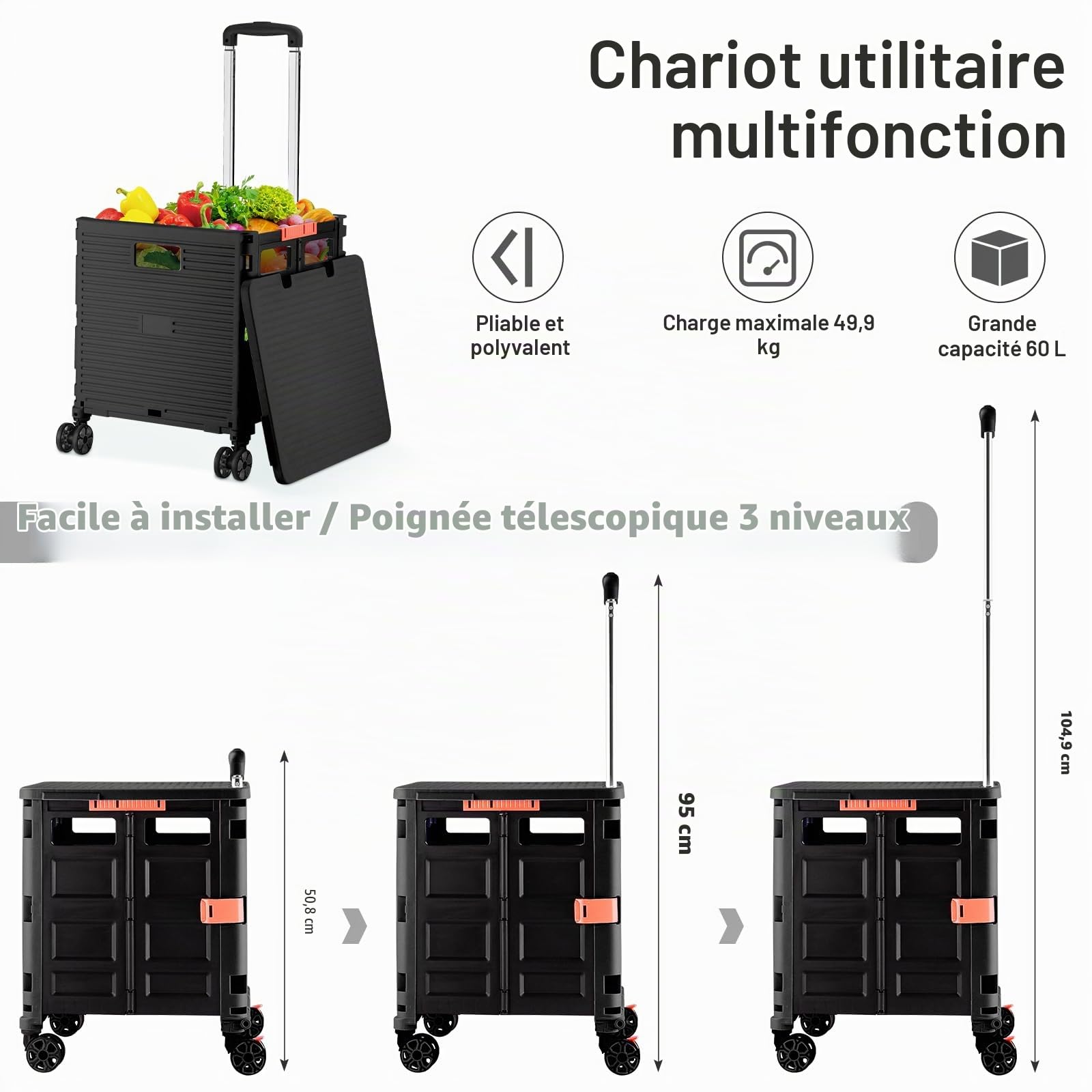 Chariot de courses pliable avec couvercle, 60 l, jusqu'à 80 kg, poignée
