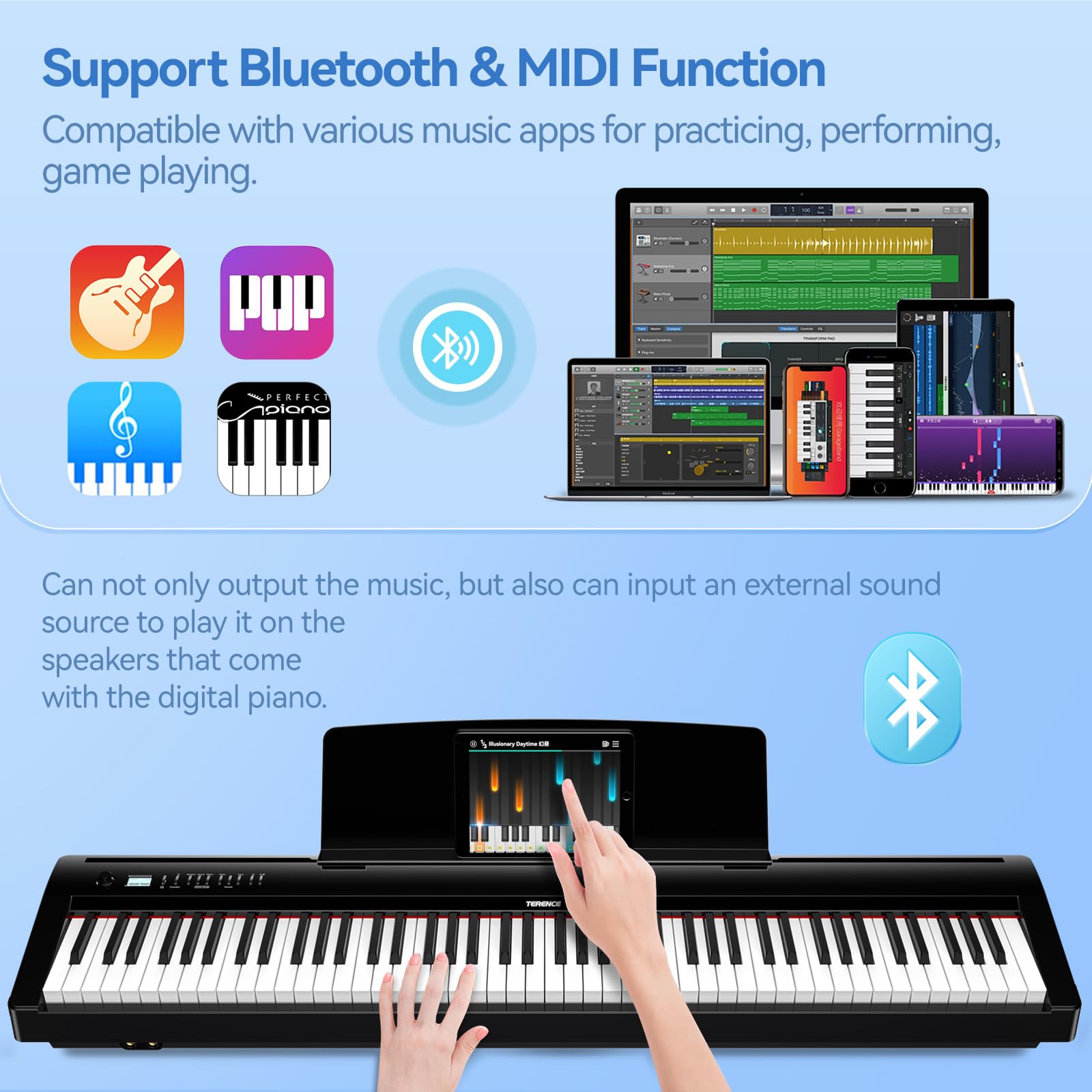 E Piano 88 Tasten Hammermechanik：TERENCE Digitalpiano P50 88-Tasten 2x25W HiFi Lautsprecher & Spatial Audio Mobile Videoaufnahme Bluetooth MIDI Doppel-Tastatur Kopfhörer/Lautsprecher Unterstützung