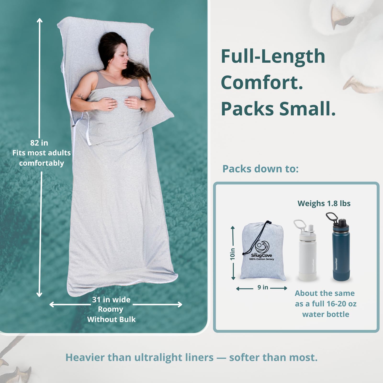 Forro de saco de dormir 100% algodón, reversible, elástico, de jersey de algodón, cremallera, bolsillo de almohada, se convierte en doble forro de saco de dormir, sábanas de viaje transpirables para