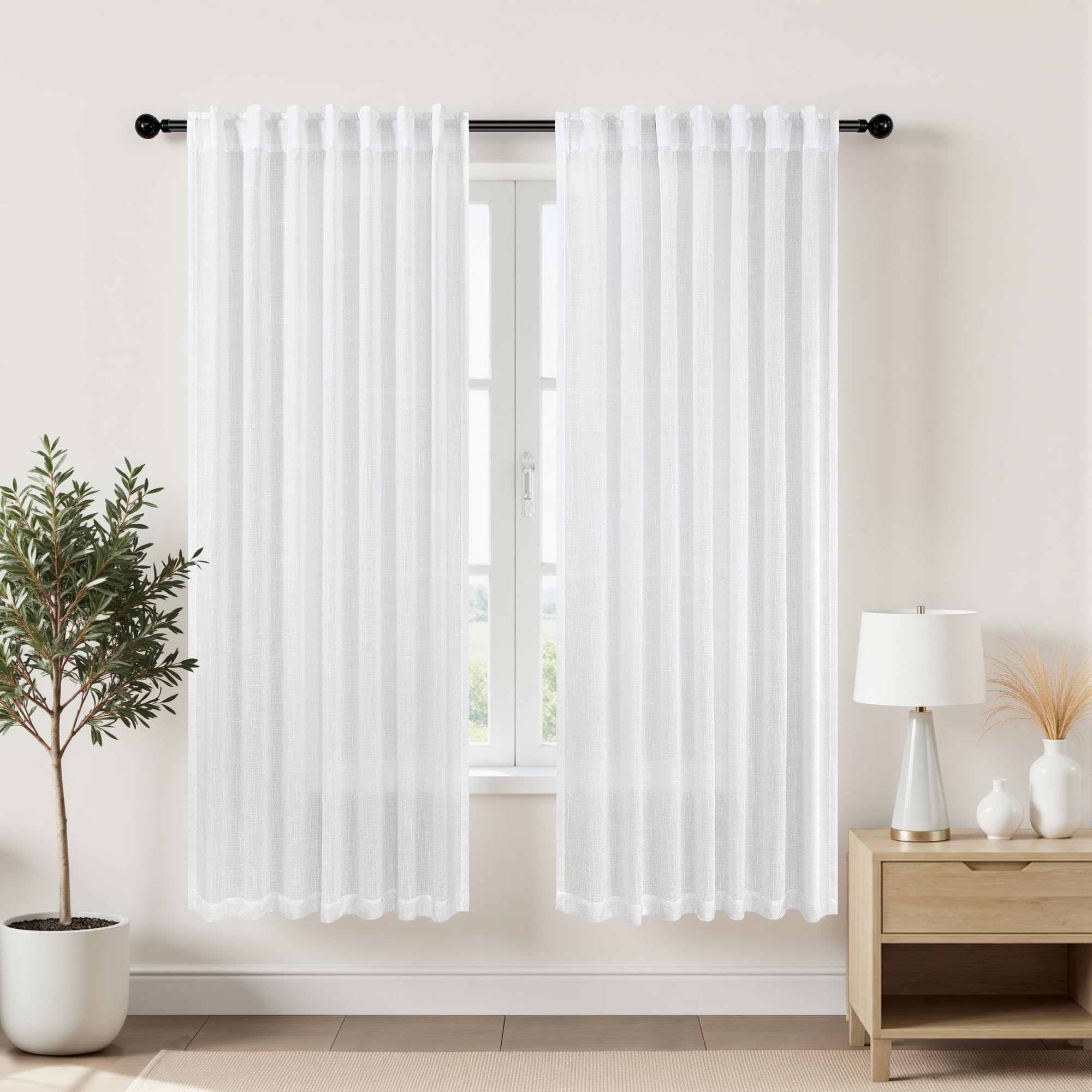 KOUFALL White Sheer Curtains 63 Inch Length for Bedroom 2 Panels Rod Pocket Back Tab Linen Semi Privacy Textured Drapes for Living Room