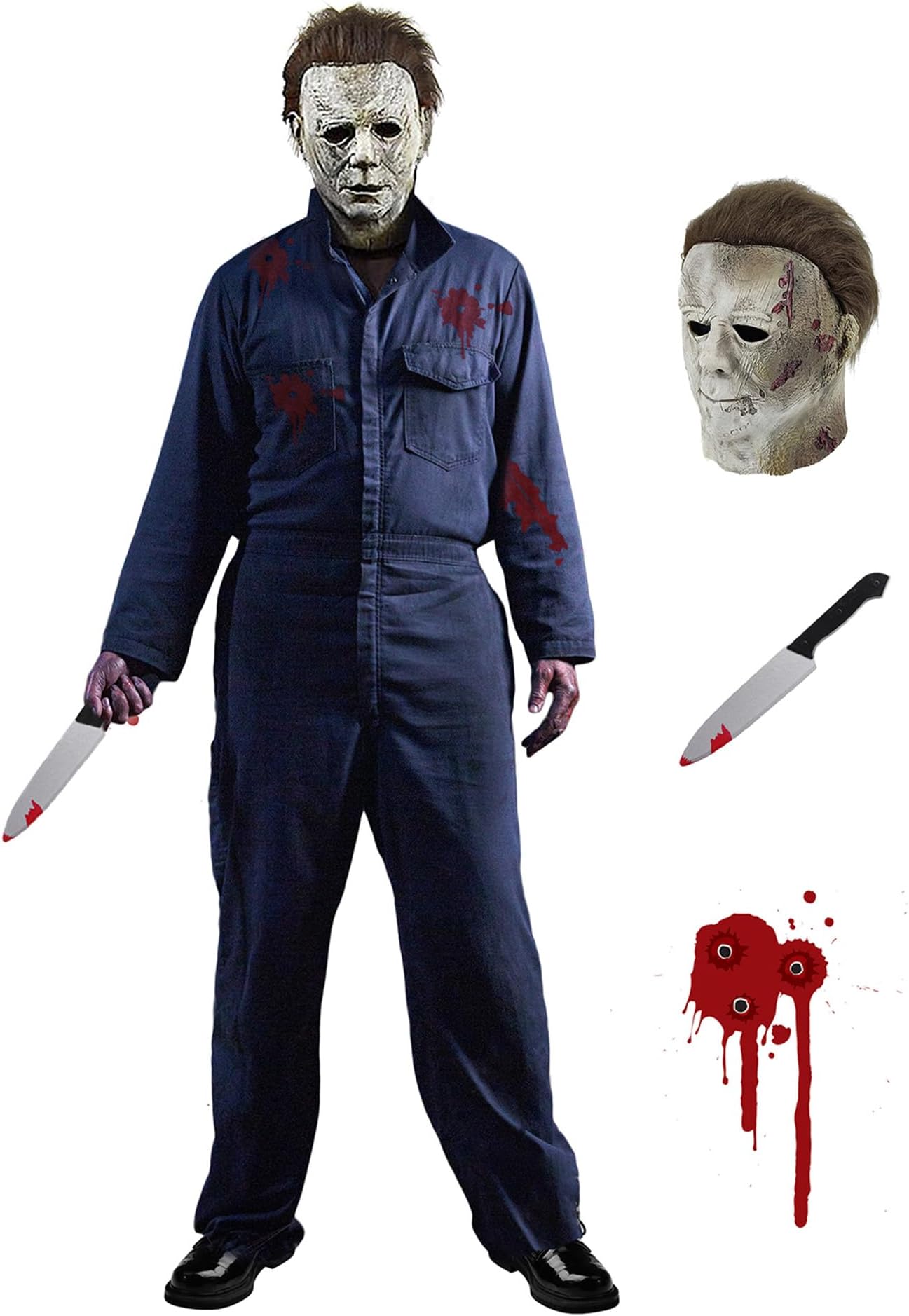 Adults Michael Myers Costume with Blood Mask Knife Scary Halloween Coverall Jumpsuit for Horror Props Cosplay