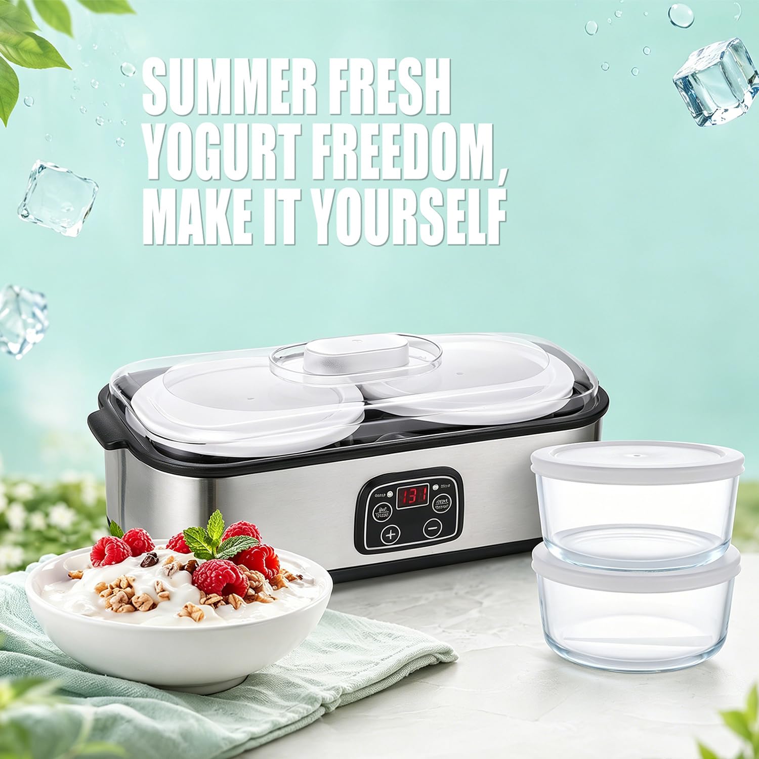 Yogurtiera automatica da 2 l, yogurtiera elettrica con temperatura e timer regolabili, indicatore LED con 2 contenitori in vetro per yogurt biologico, formaggio, natto, vino di riso