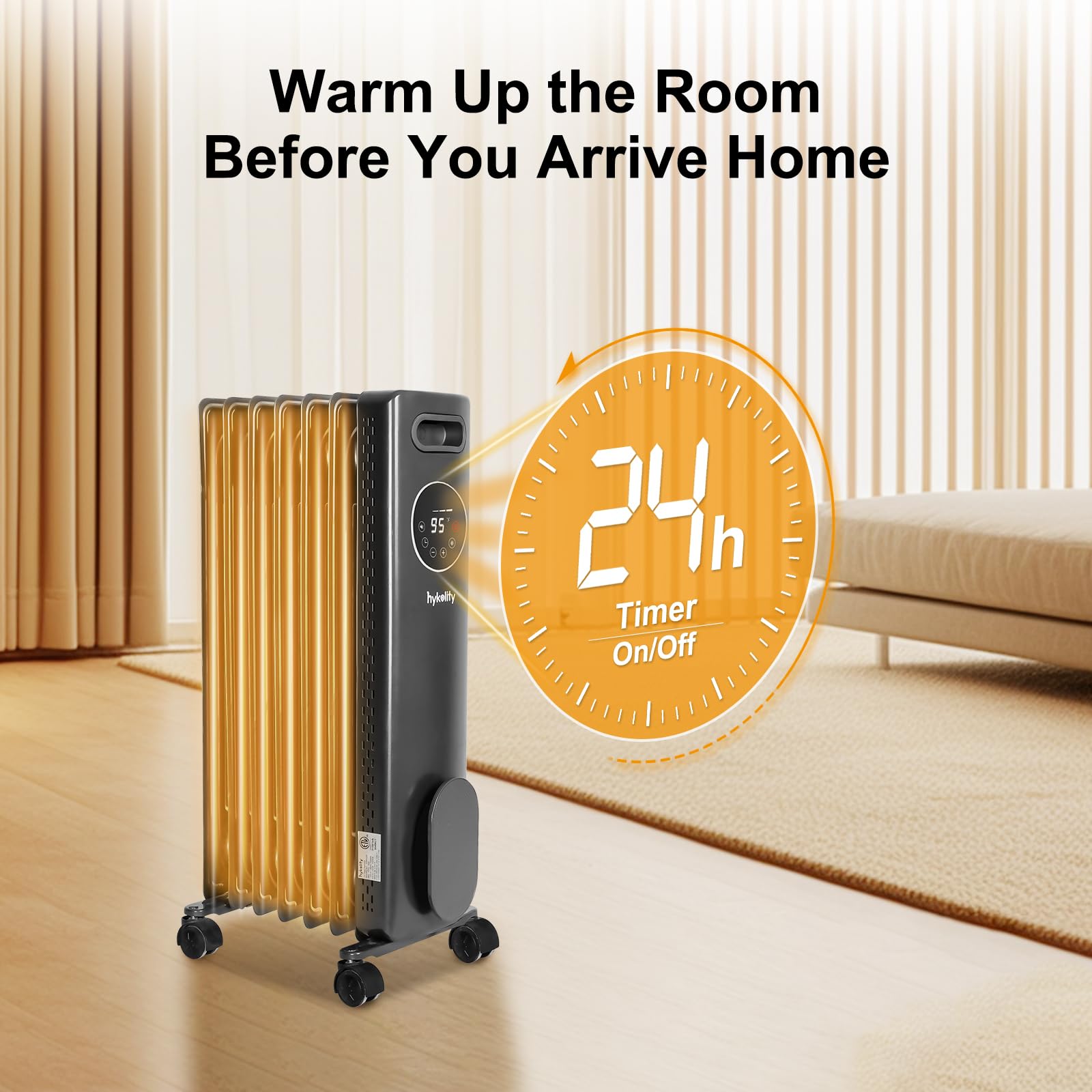 hykolity 1500W Oil Filled Radiator Heater with Remote, 24H On Off Timer, Digital Thermostat,4 Mode Electric Radiant Heater, ECO, ETL Overheat & Tip-Over Protection Indoor Space heater,Grey