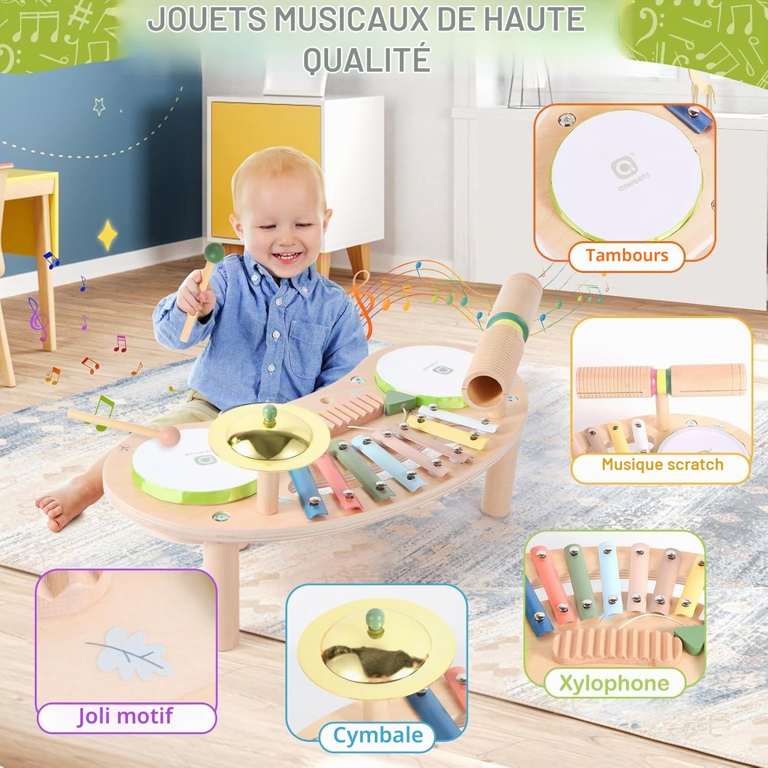 Asweets 7 en 1 Ensemble de Batterie pour Tout-Petits, Bois Instrument de Musique pour Bébés, Jouet Musical Montessori, Cadeau pour Filles et Garçons de 3 Ans Et Plus