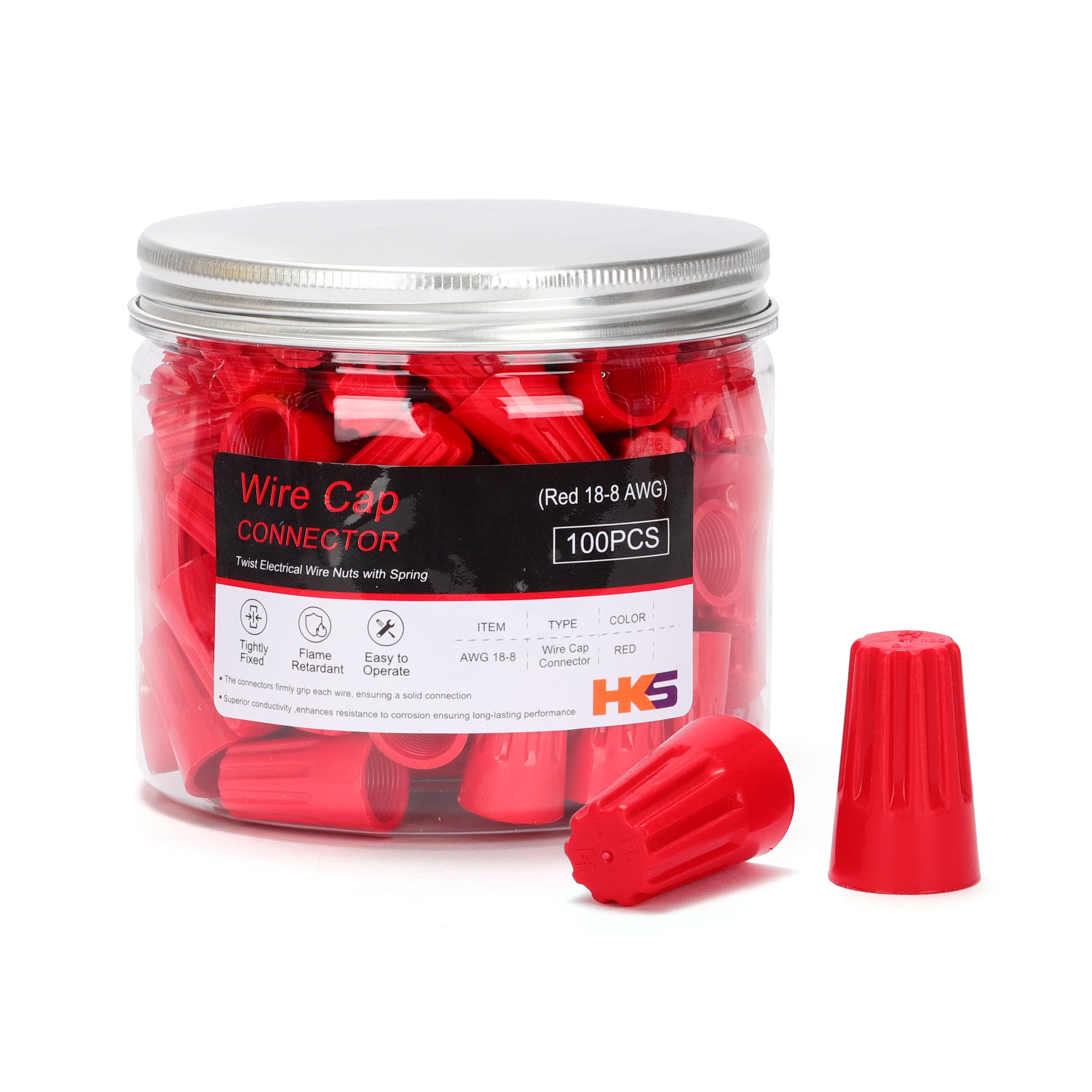 HKS 100 PCS Red Wire Caps - AWG 18-8,Twist-On Screw Nuts Insulated Insertion Electrical Wire Connectors with Spring - Portable & Quick to Connect