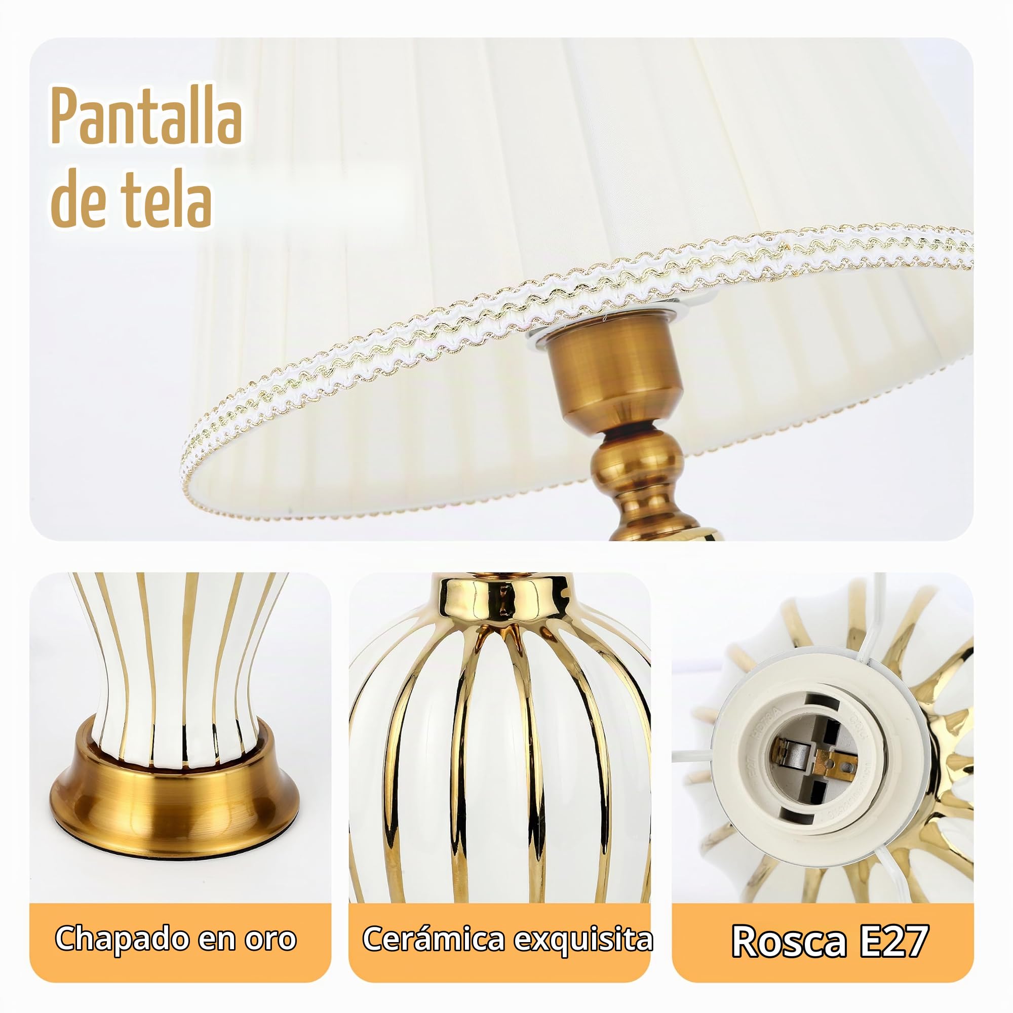 LáMpara De Mesa Moderna E27 LáMpara Nocturna De CeráMica Retro LáMpara De Mesa De Tela Blanca IluminacióN Decorativa De La Sala De Estar Dormitorio Estudio Lectura LáMpara De Cabecera (Blanca)