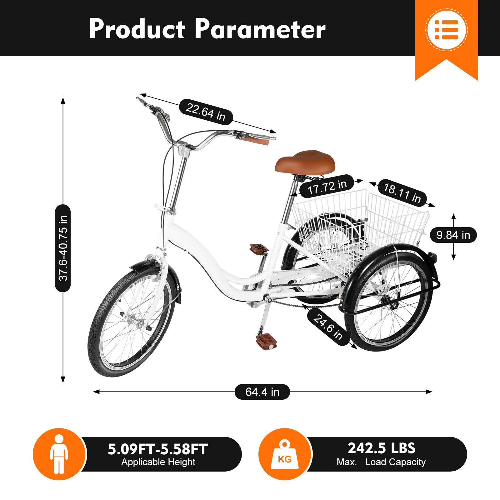 Triciclo para adultos de 20 pulgadas, bicicleta de tres ruedas, triciclo urbano, triciclo de ocio, bicicleta de crucero con cesta de la compra.