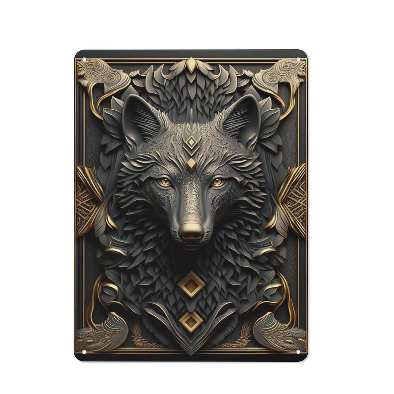 Rustic Tin Sign with Golden Black Wild Wolf Art Design 40x30cm, Casual Garden Room Wall Plaque for Shed, Garden Room, Porch Or Garage