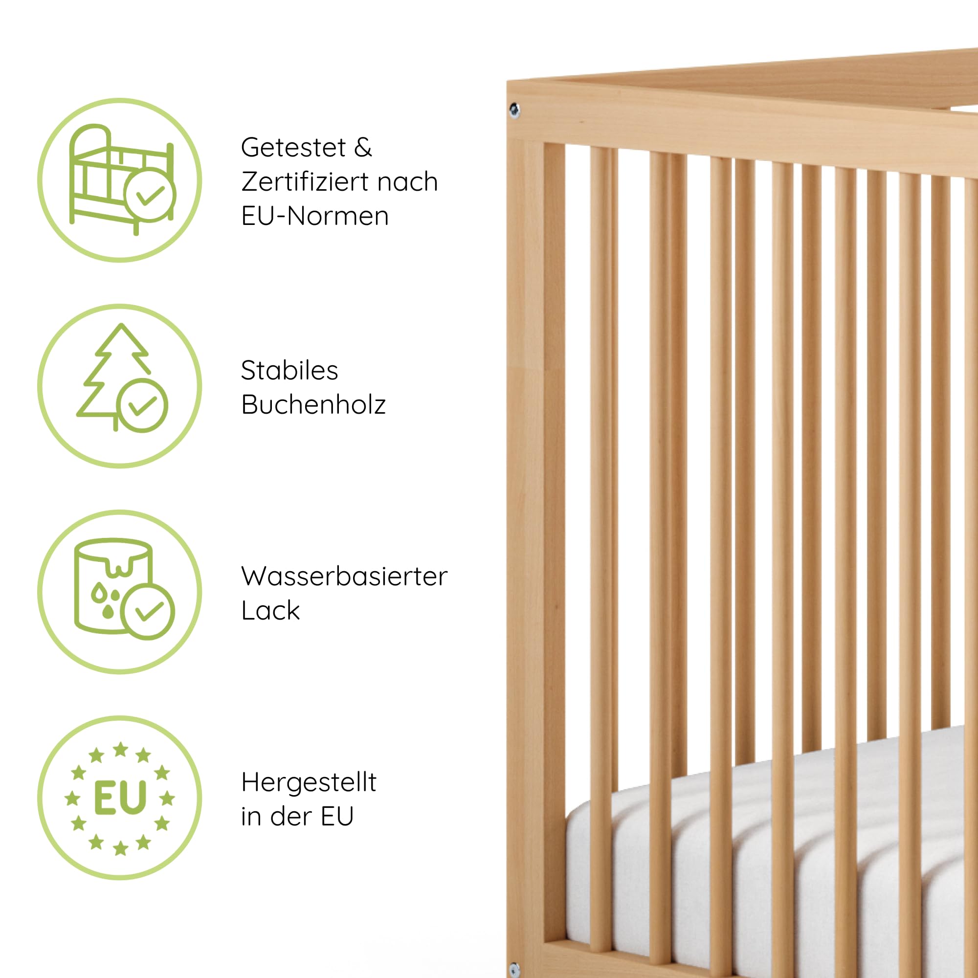 Kids Collective Babybett Kinderbett Gitterbett mit Rausfallschutz Baby Bett | stabiles Buchenholz | Juniorbett | Made in Europe | Kinderzimmer Jugendzimmer Möbel | 70x140 cm | Natur