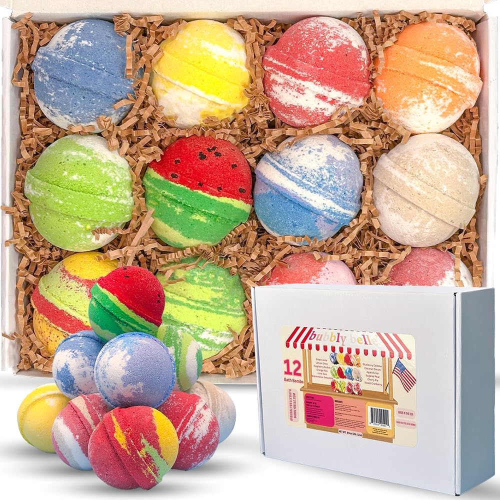 XXL 5oz Bath Bombs Gift Set, 12 USA Made Extra Large Fizzies with Fruity Scents