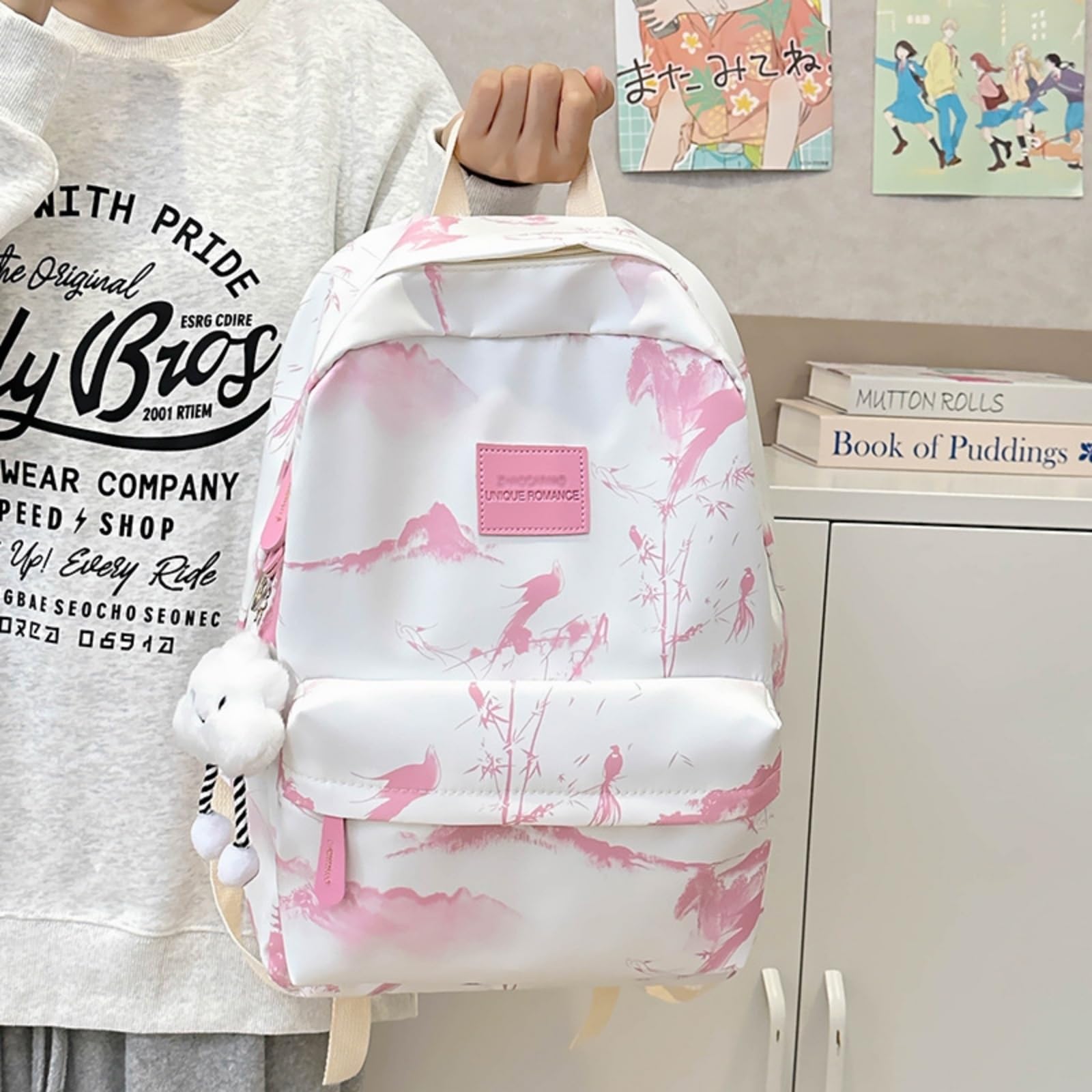 Zaino Inchiostro Paesaggio Stampa Nylon Zaino, Harajuku Stile Grande capacità Borsa Scolastica per Le Donne Uso Giornaliero di Viaggio-Gray