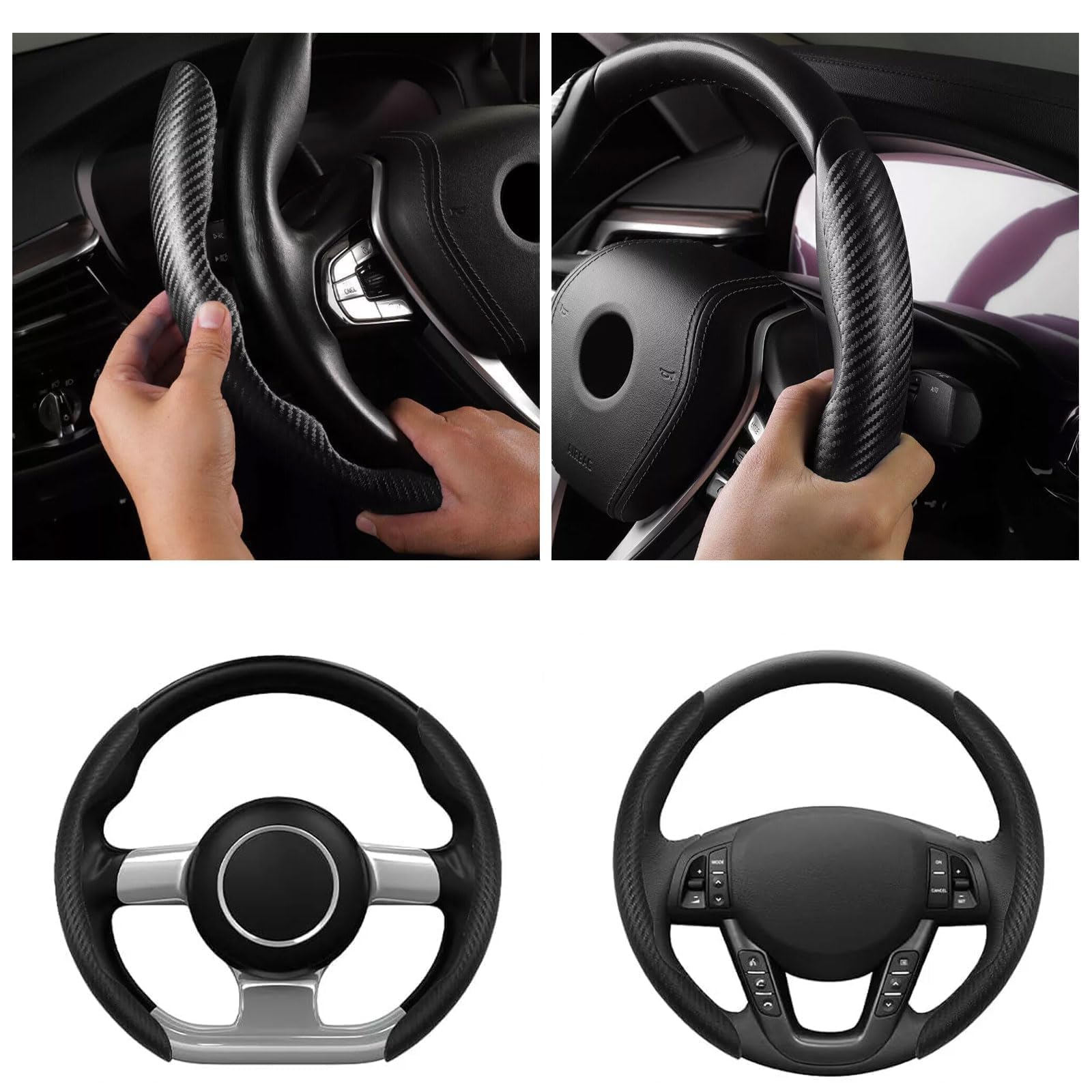 Coprivolante Auto,2 Pezzi Copri Volante Universale Auto,36-40cm Fibra Carbonio Antiscivolo Ultraleggero,Confortevole Coprivolante Segmentato Carbonio,per la Maggior parte delle Auto(Nero)