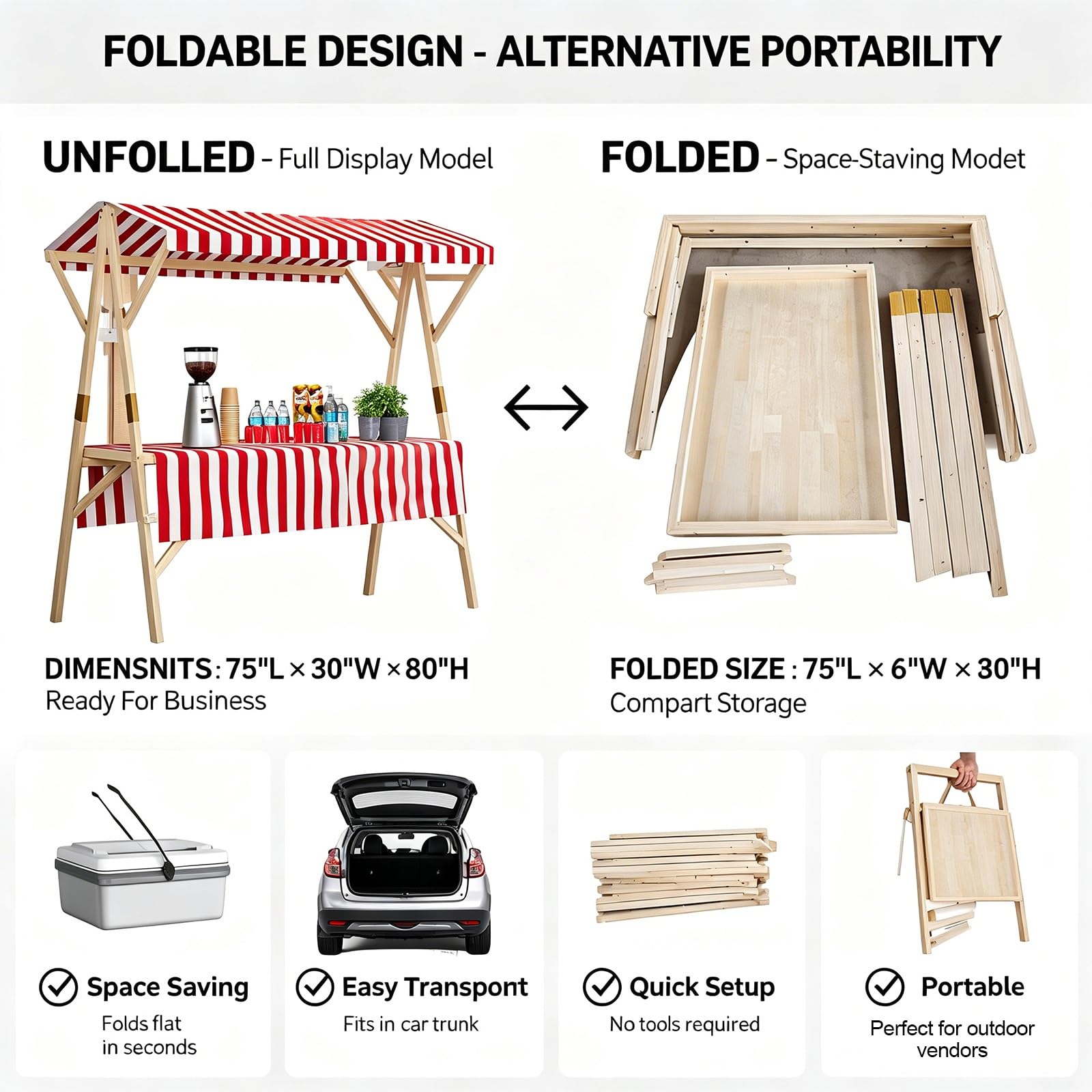 Stand for Feria Plegable Madera for Promociones, Carrito de Venta Ambulante for Exteriores, Expositor Portátil for Ferias de Artesanía y Eventos Al Aire Libre(Orange,59x24x79in/150x60x200cm)