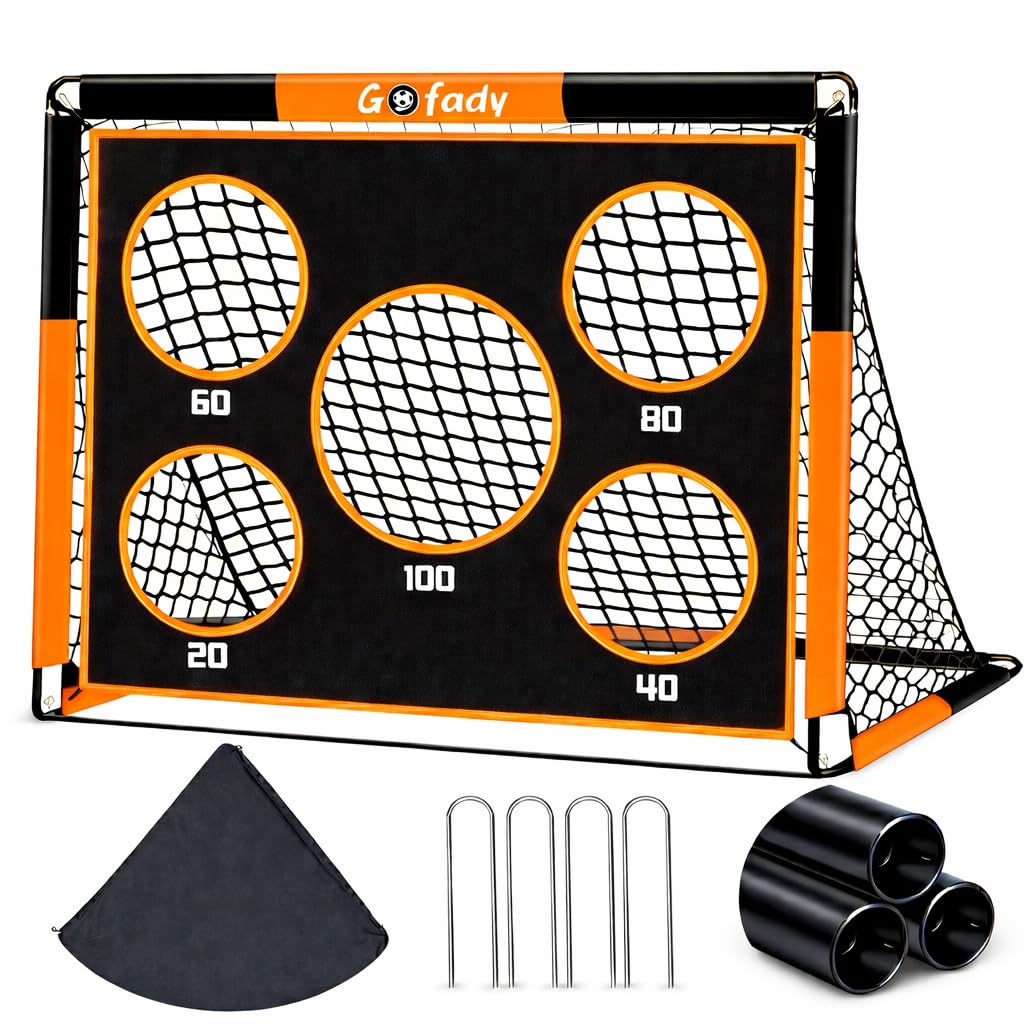 Gofady 2-in-1 Football Goal for Kids - Portable & Durable Soccer Training Net with 5 Target Ranges, Foldable Design, Carrying Bag, Easy Assembly for Backyard, Garden, Beach (Orange, 120 * 90 * 90cm)