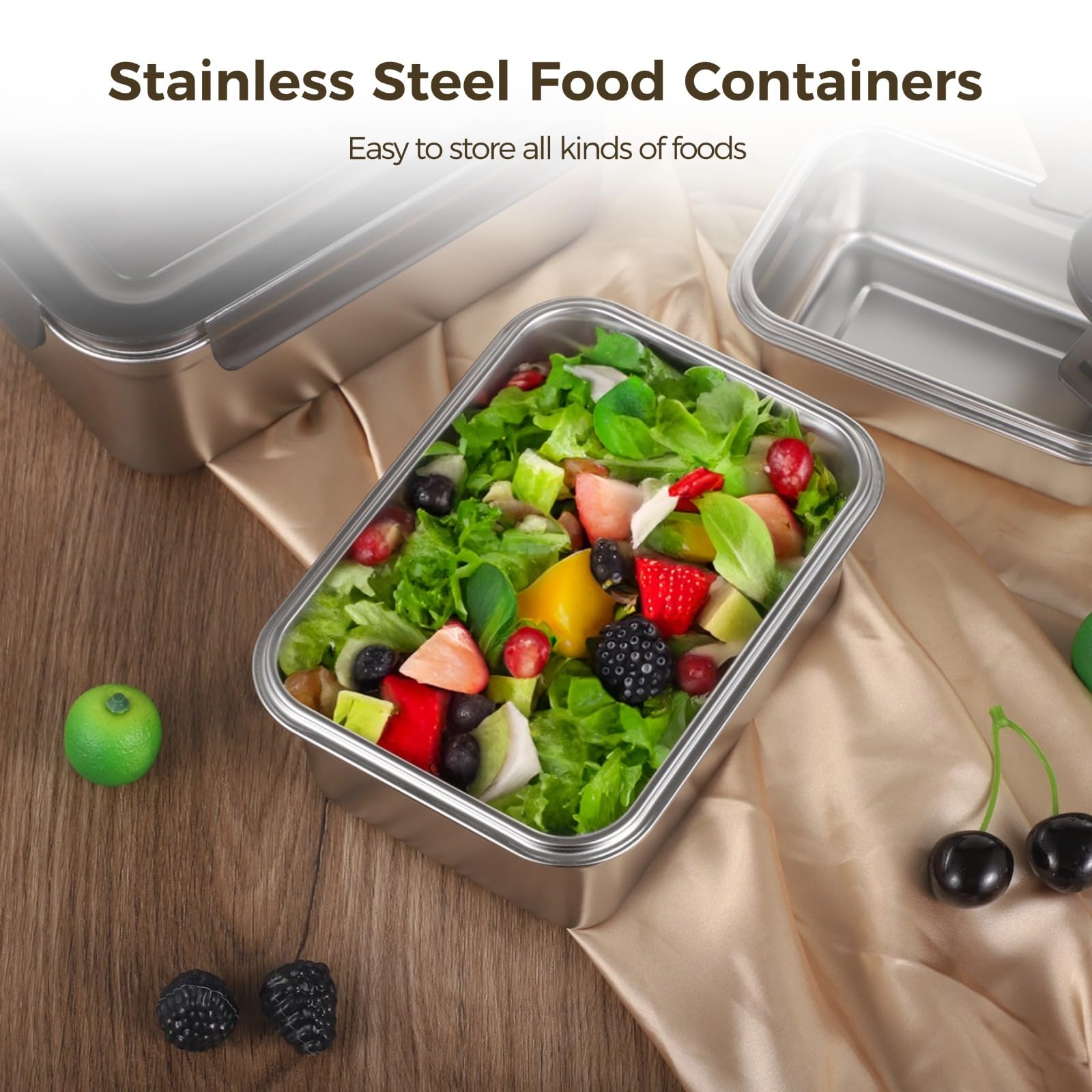 Zestaw pojemników do przechowywania żywności ze stali nierdzewnej z przezroczystymi pokrywkami, 450 ml, 1100 ml, 2500 ml, 3 sztuki