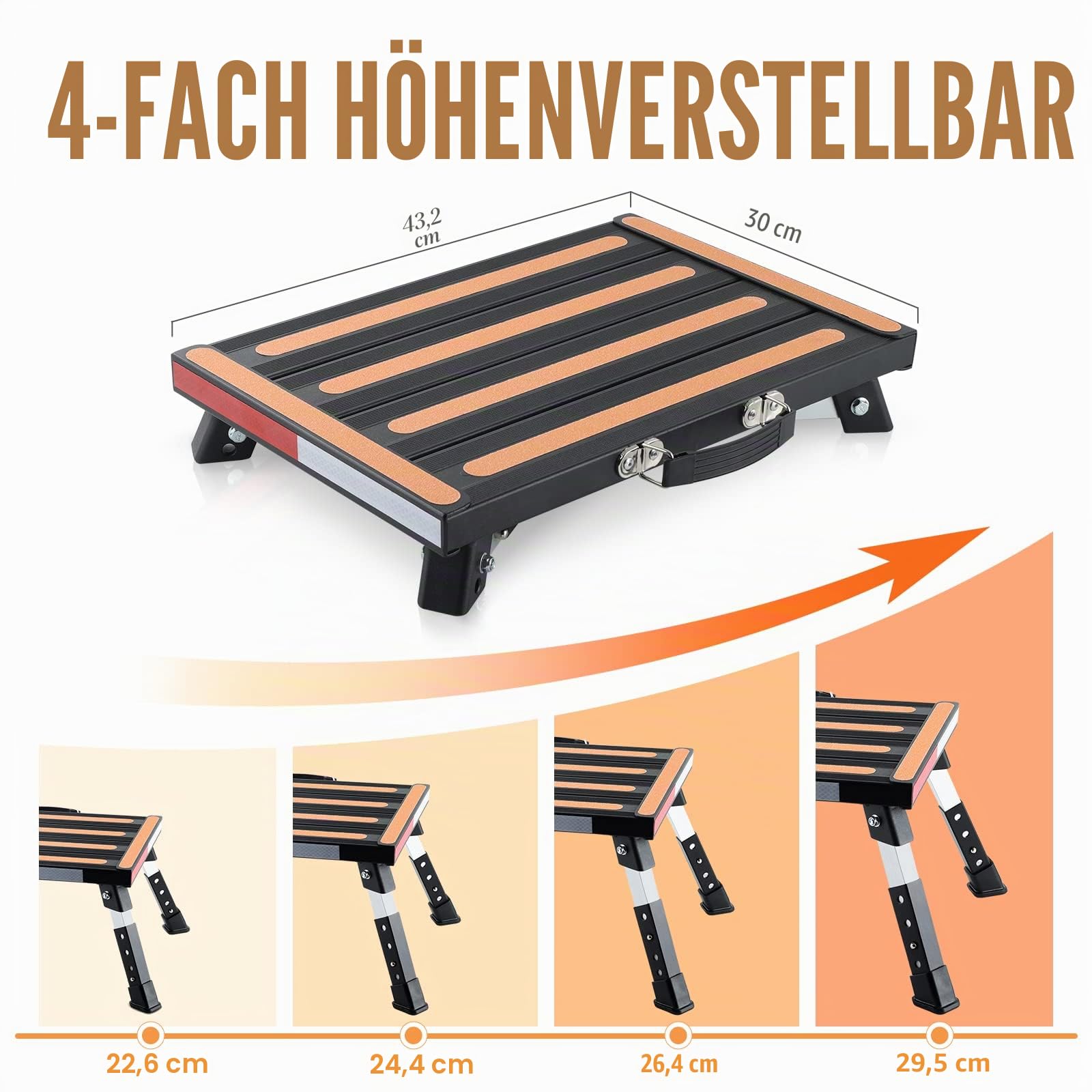 Yagud Wohnmobil-Hocker, höhenverstellbar, zusammenklappbar, mit Rutschfester Oberfläche, Gummifüßen, Griff und reflektierenden Streifen, Aluminium-Plattform-Stufe unterstützt bis zu 453 kg, Schwarz