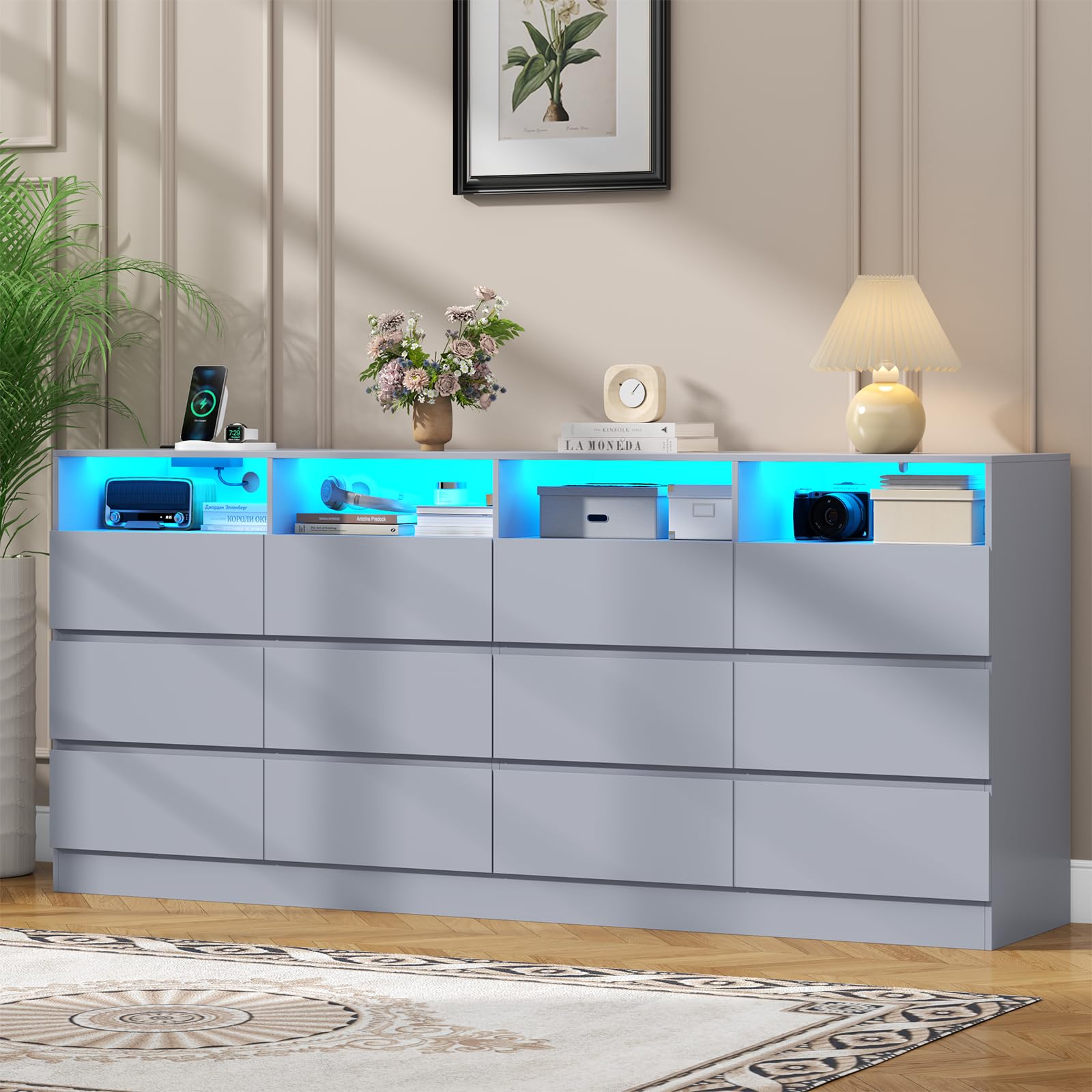 Loomie 12-Cell Divided Drawers Grey Dresser with Charging Station & Led Lights for Bedroom, Long 63" Wide Dresser TV Stand for TVs up to 75", Large