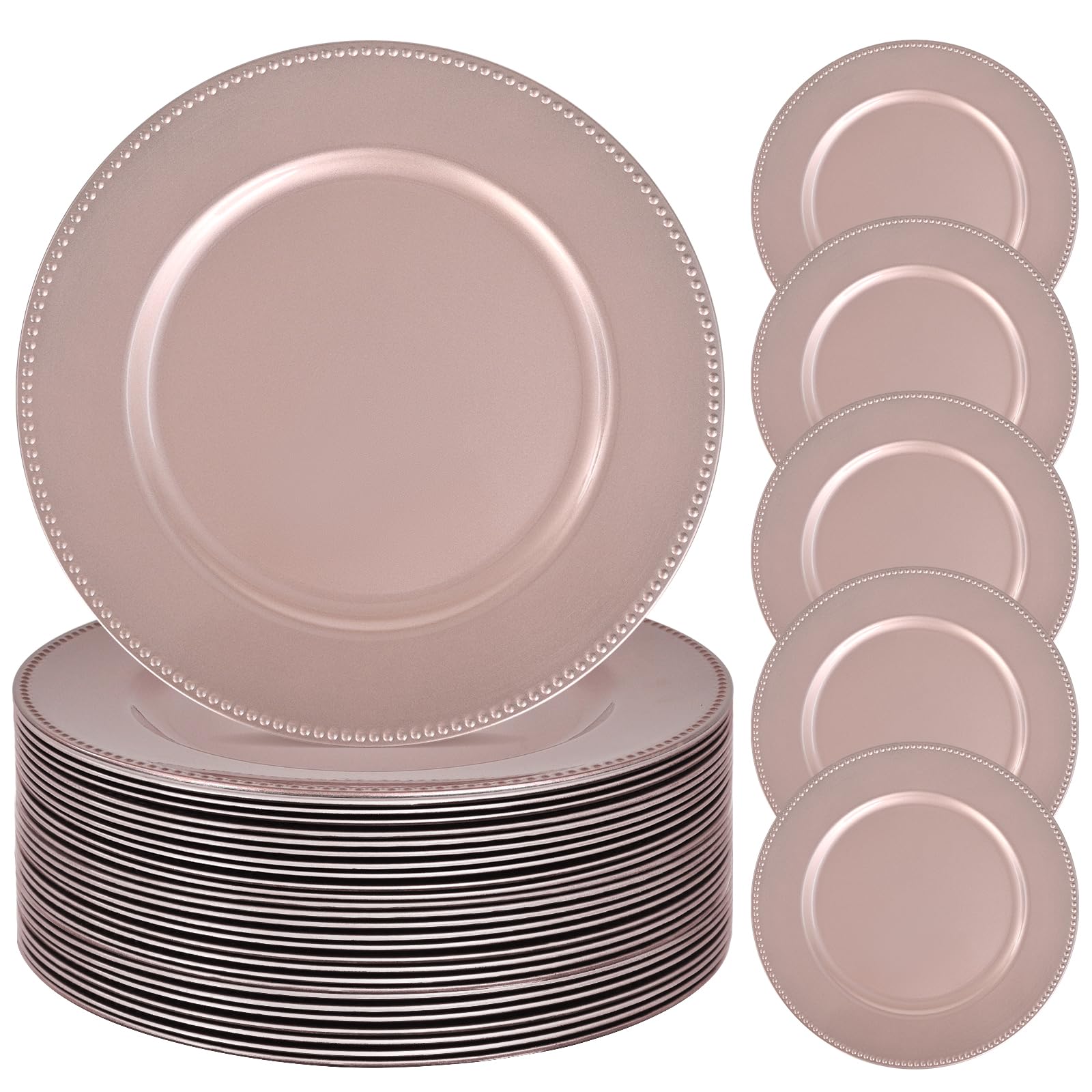( incomplete) 60 Pcs Rose Gold Charger Plates Bulk, 13" Round Beaded Plate Chargers, Decorative Dinner Chargers Plastic Table Chargers for Wedding Holiday Party Baby Shower Event Decoration (Rose Gold)