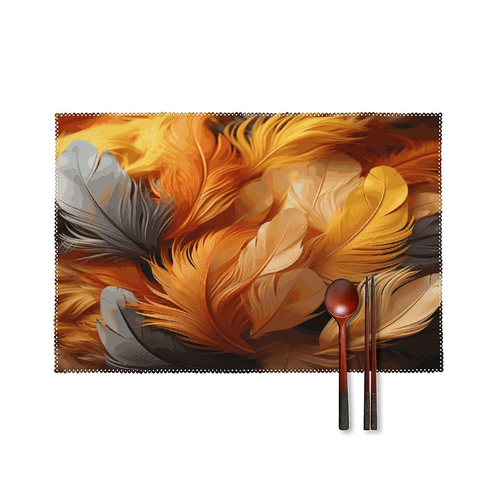 Fekiloot Style Gold And Orange Feathers Placemats Set Of 6,Table Mat