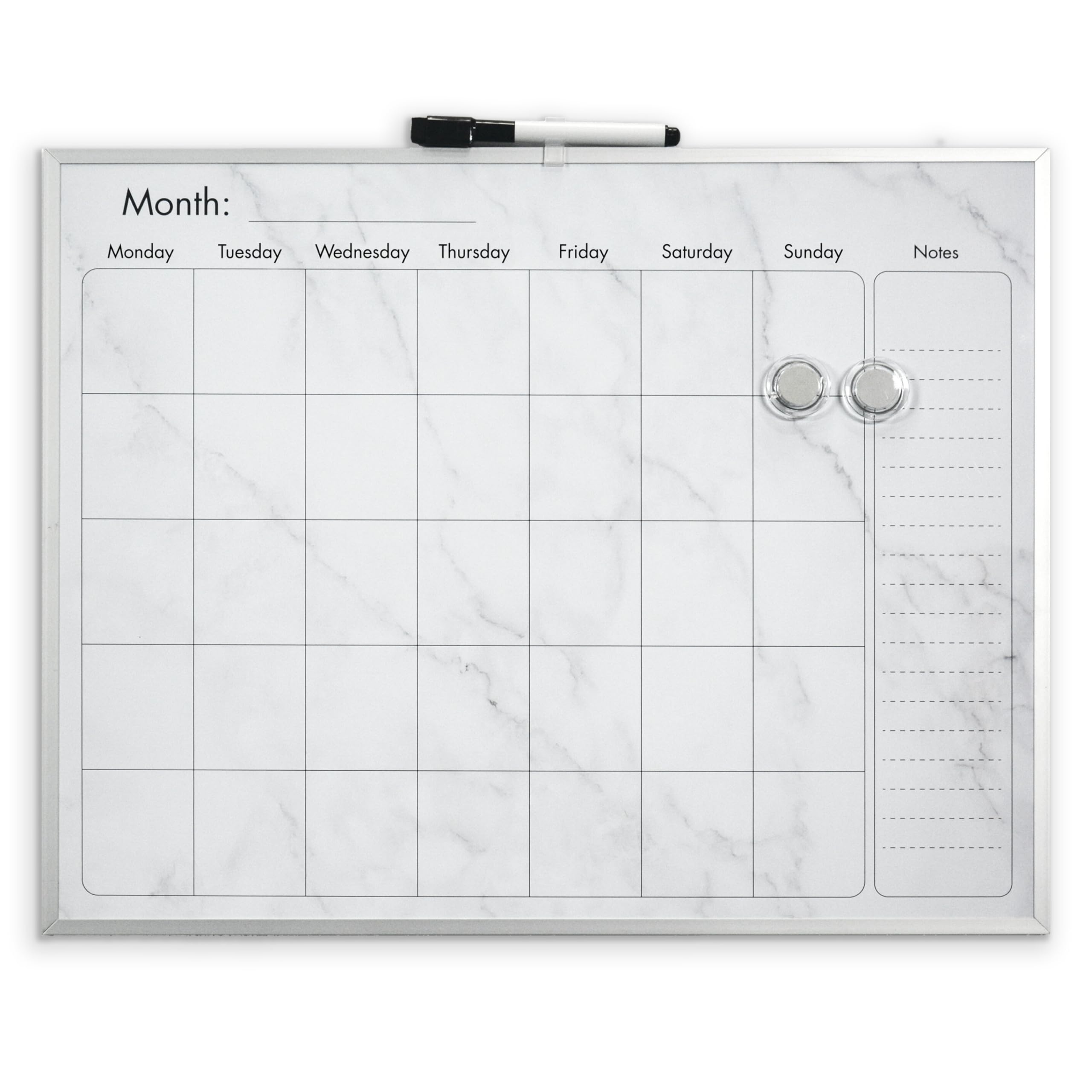 Cathedral Products Elegant Marble Magnetic Calendar Board with Silver Aluminium Frame | Premium Monthly Planner with Notes Section | Includes Marker & Magnets