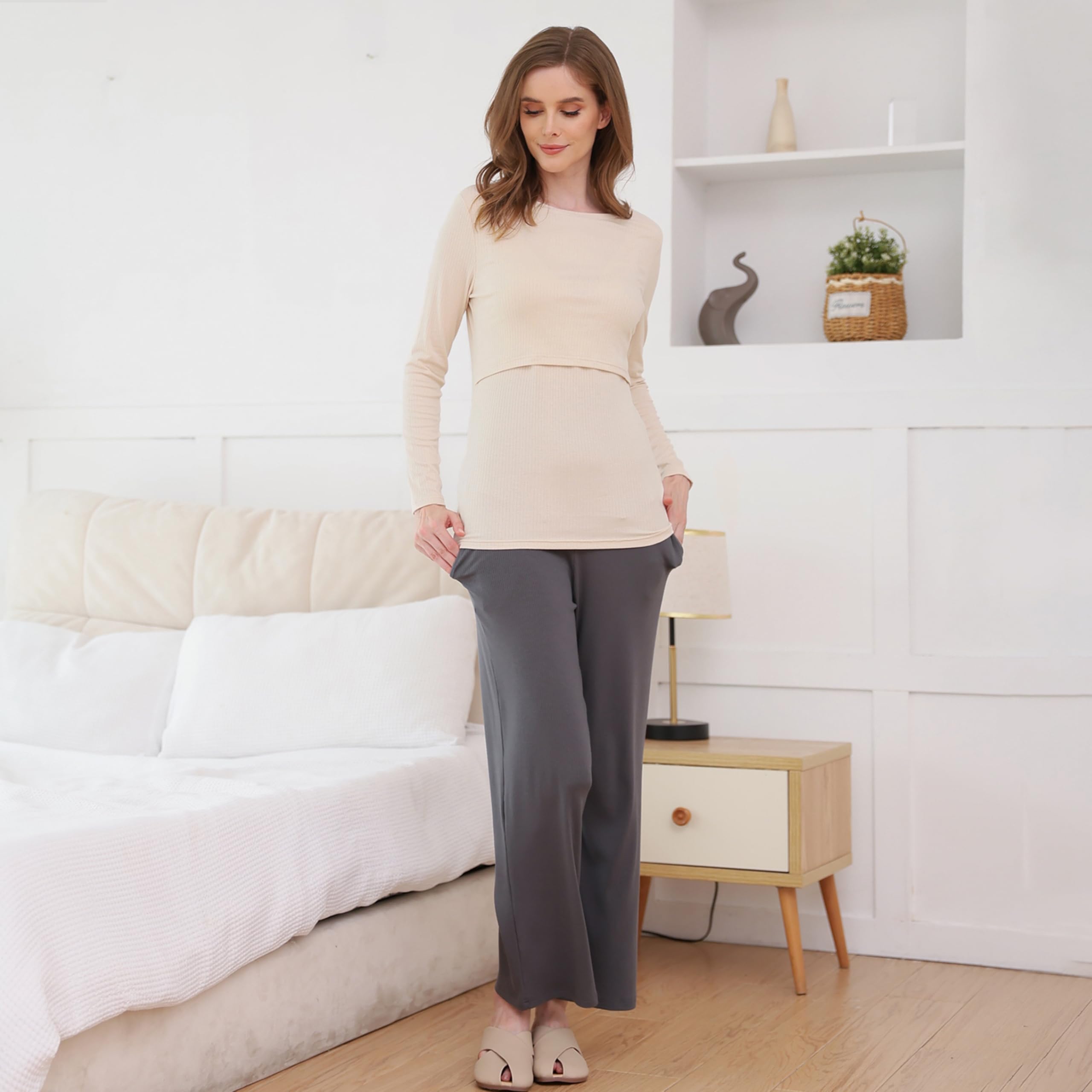 Lot de 3 t-shirts d'allaitement côtelés à manches longues pour femme - Double couche - Vêtements de maternité