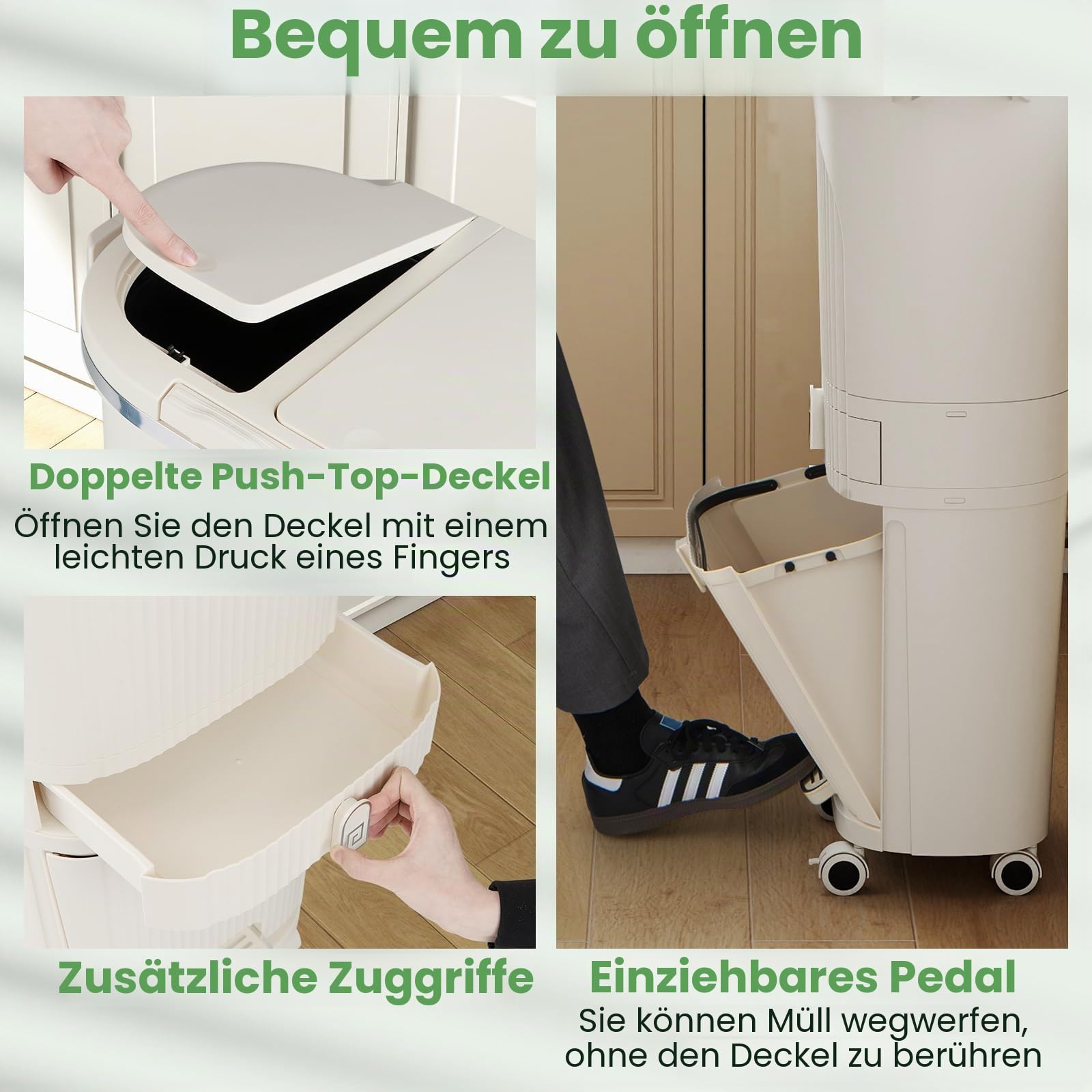 GIANTEX Mülleimer Küche 42 L, Mülltrennsystem 3 Fächer & Schublade, Abfalleimer mit Rollen, Küchenmülleimer Küchenabfalleimer mit Doppeldeckel & Pedal, Tretmülleimer für Küche 43x29x82,5 cm, Cremeweiß