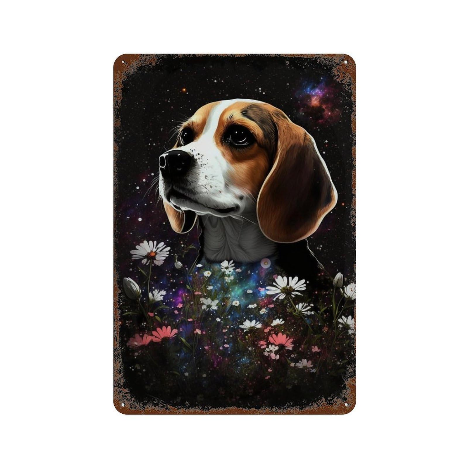 Beagle in Space Flowers Rust Effect Tin Sign 11.8"x7.9", Retro Wall Decor for Pub, Kitchen And Man Cave Decor
