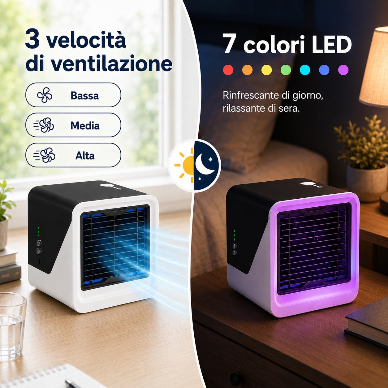 Mini Aire Acondicionado Portátil sin Tubo, Ventilador de Aire Frío 3 en 1 con Luz Nocturna, Enfriador Personal Silencioso de 3 Velocidades para Habitación y Escritorio