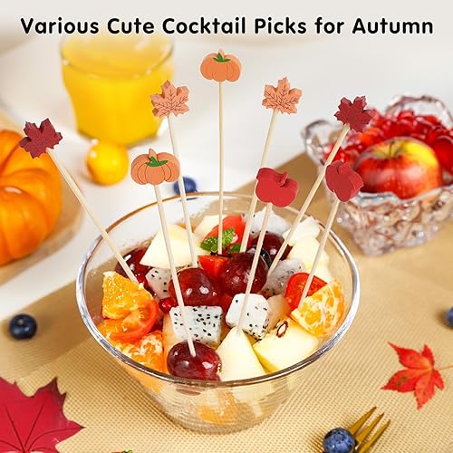 Miniatura 7 de Minisland Palillos de cóctel de manzana roja, palillos de bambú de 5 pulgadas de largo para aperitivos, decorativos para otoño, Halloween, Acción de