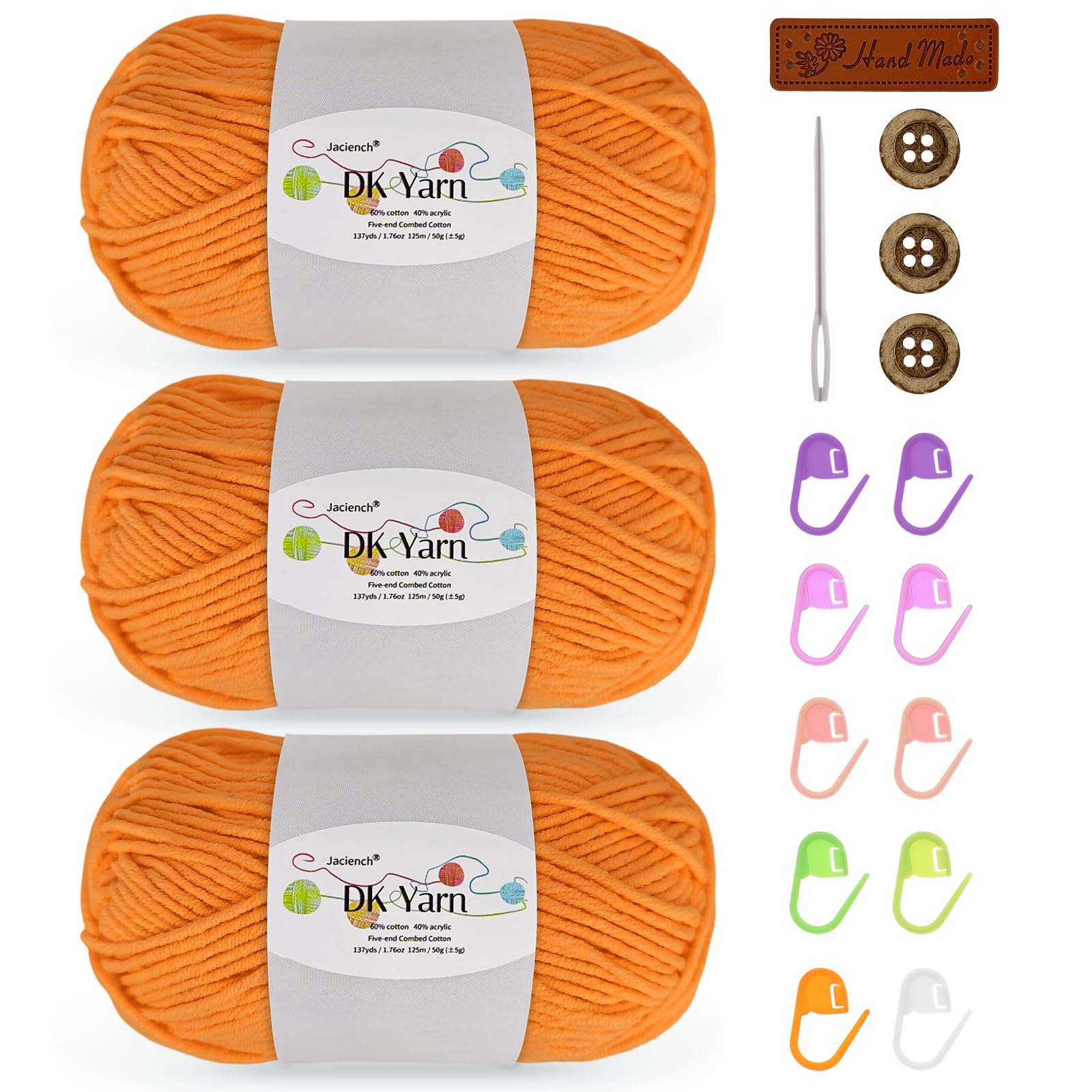 Crochet Yarn Kit, 3Γ50g 60% Cotton 40% Acrylic Combed Cotton Yarn with Accessories, DK Wool for Beginners Amigurumi Socks BlanketsοΌOrange-3οΌ