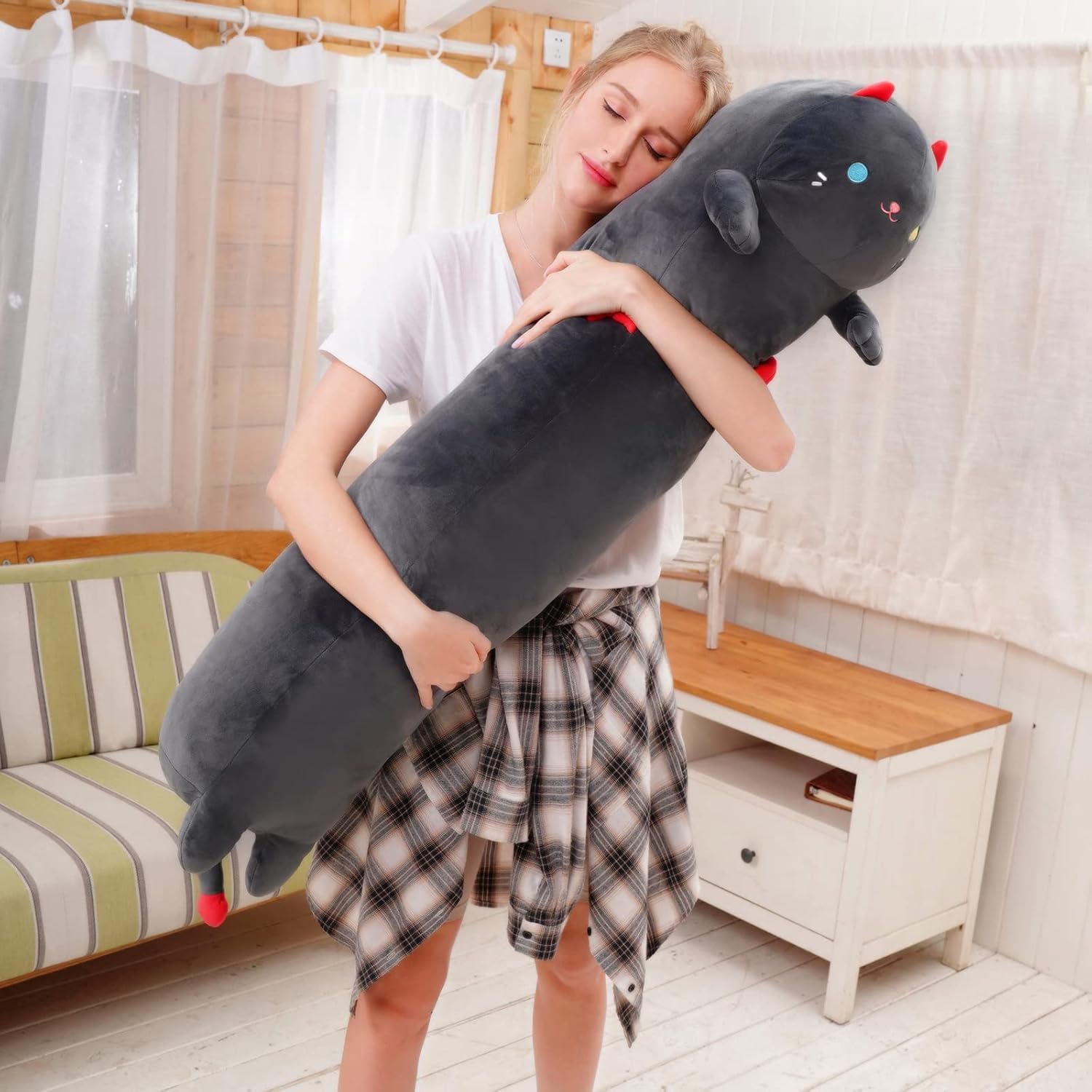 Mewaii Peluche Gatto che Respira Gigante Cuscino Lungo Gattos Kawaii 90CM Pupazzo Morbido Giocattolo Peluche Abbraccio San Valentino Regali per Lei Bambini