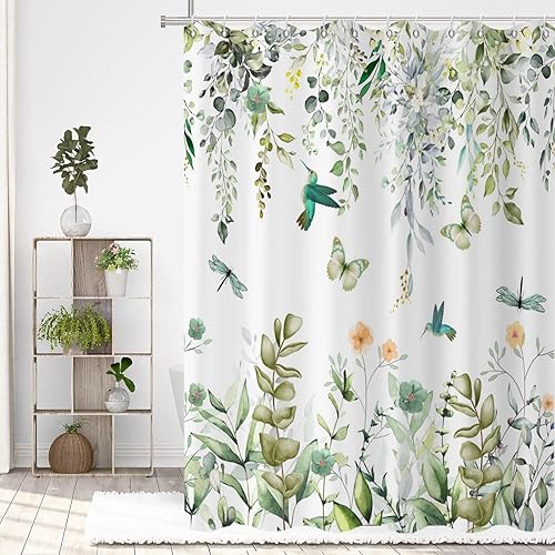 Miniatura 10 de Caheansi Cortina de ducha floral de colibrí, flores de acuarela de primavera, flores con hojas, mariposas, plantas, cortina de baño, tela