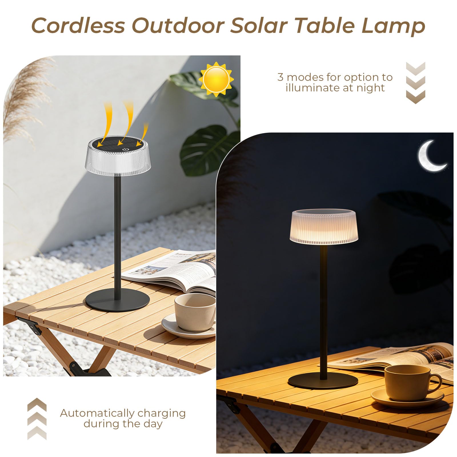 Lacasa Lamparas de Mesita de Noche sin Cable, 2 Pack Regulable Táctil Lampara de Mesa Solar, 3000-6000K IP67 Impermeable 4000mAh LED Lampara Mesa Salon Recargable Portatil para Interior y Exterior