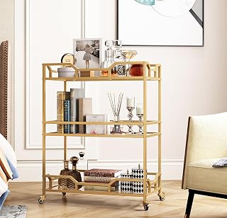 LORMITER Gold Square 3-Tier Bar Cart with Glass Shelves & Lockable Wheels for Kitchen Home Bar