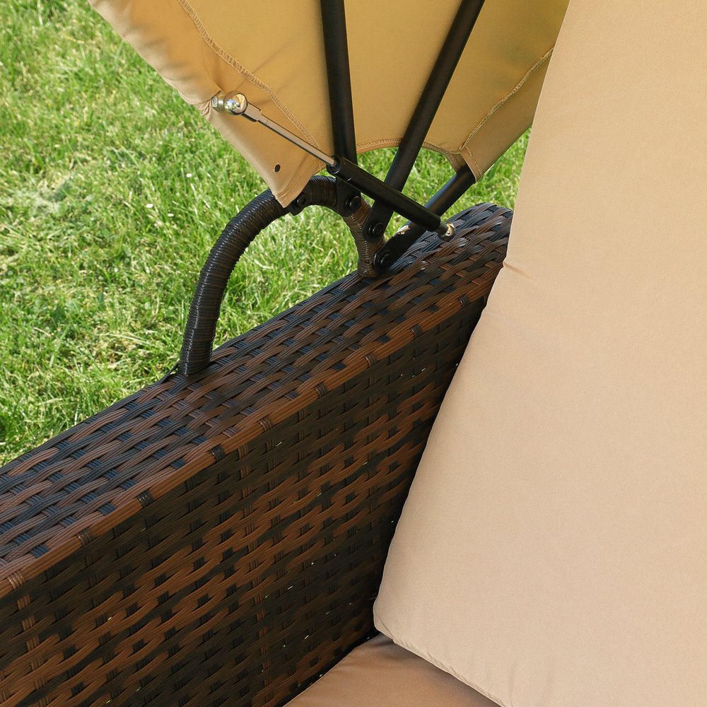 Melko Sonnenbett/Strandkorb/Lounge aus Polyrattan, Braun, inkl. klappbaren Seitentisch +verstellerbarer Rückenlehne + Faltbare Sonnenschutzdach