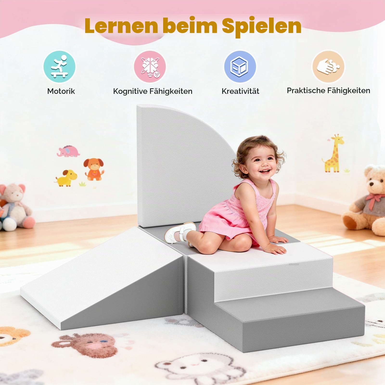 4-teilige Schaumstoff Kletterbausteine Grau-Weiß, Kombinierbare Softbausteine mit Klettverschluss, Pädagogisches Spielzeug für Kleinkinder Indoor & Kindergarten