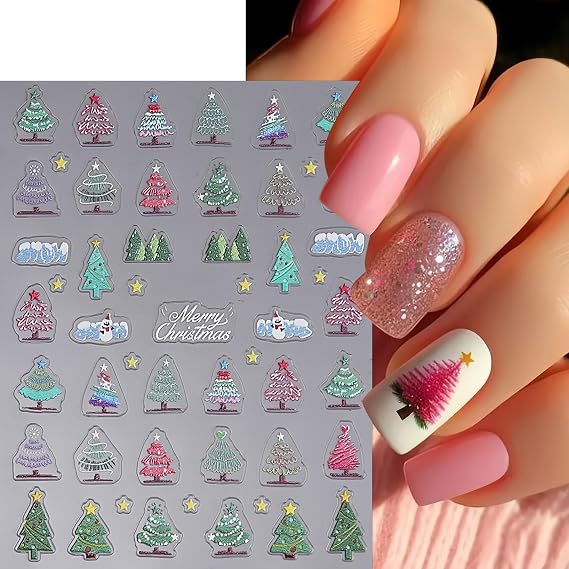Christmas Nail Art Stickers 5D Embossed Pink Christmas Tree Self-Adhesive Nail Decals Snowflake Santa Claus Elk Bow-Tie Nail Design Supplies Xmas Holiday Cute Stickers for Women Girl Manicure DIY 3PCS