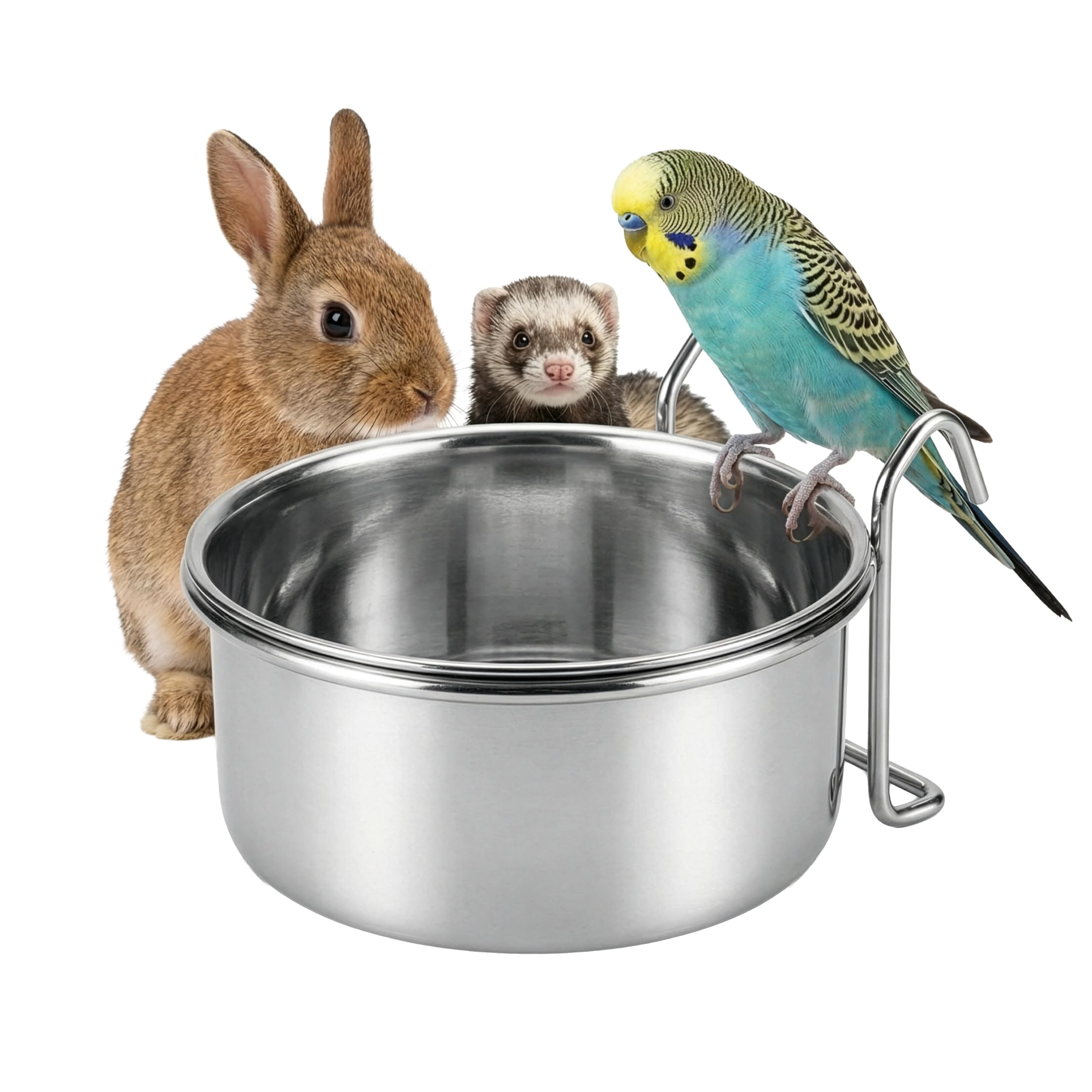 SPOT Stainless Steel Mini Coop Cup with Wire Hooks – 10 oz Small Pet Food & Water Bowl, Rust-Resistant & Easy to Clean, Attaches to Cages for Birds,