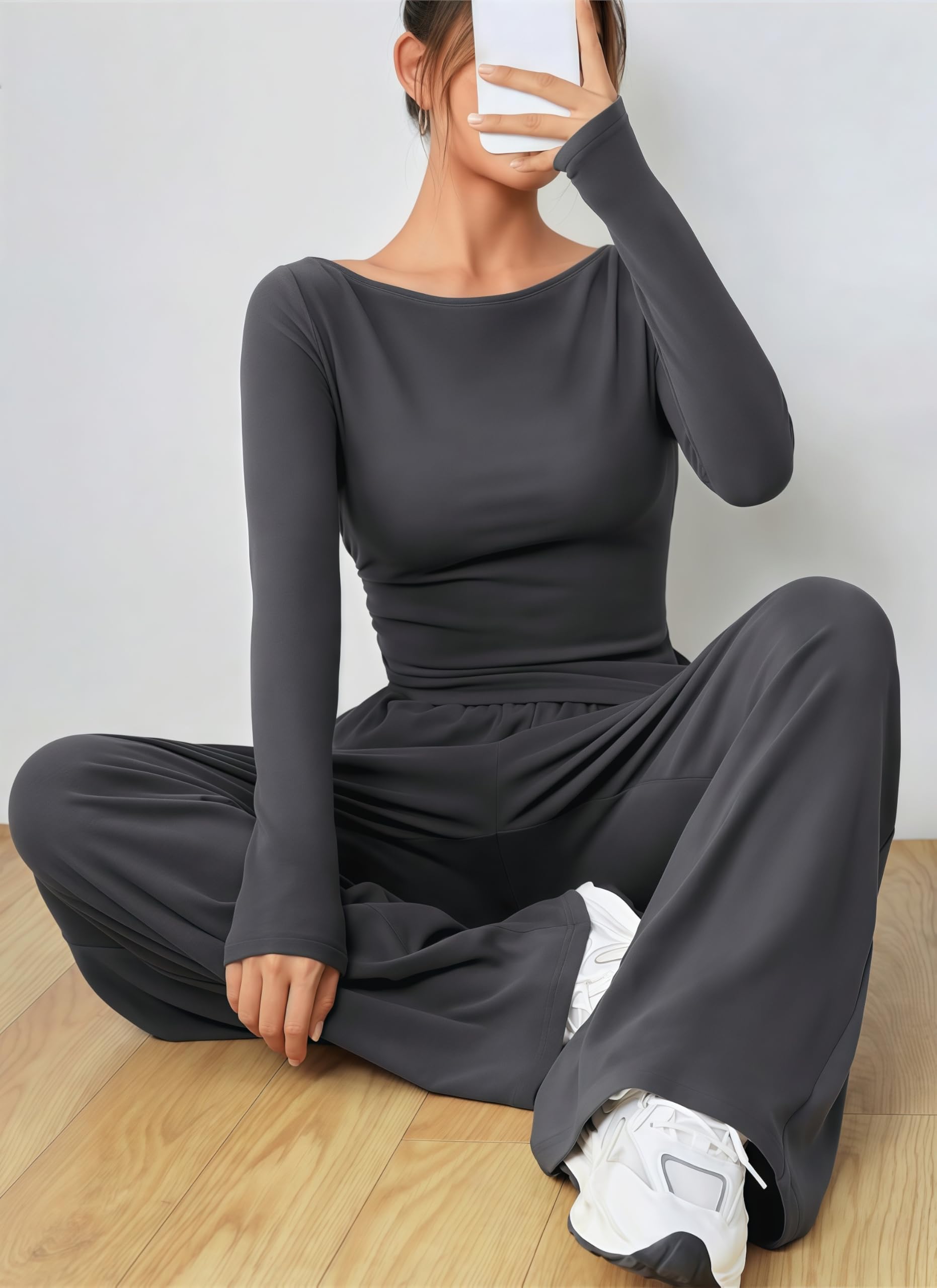 Ensemble Survetement Femme à Taille Haute Tenue de Sport ÉLéGante et DéContractéE Pour Femmes 2-Piece Soft Manche Longue Top Wide Leg Survêtements Ensemble Jogging