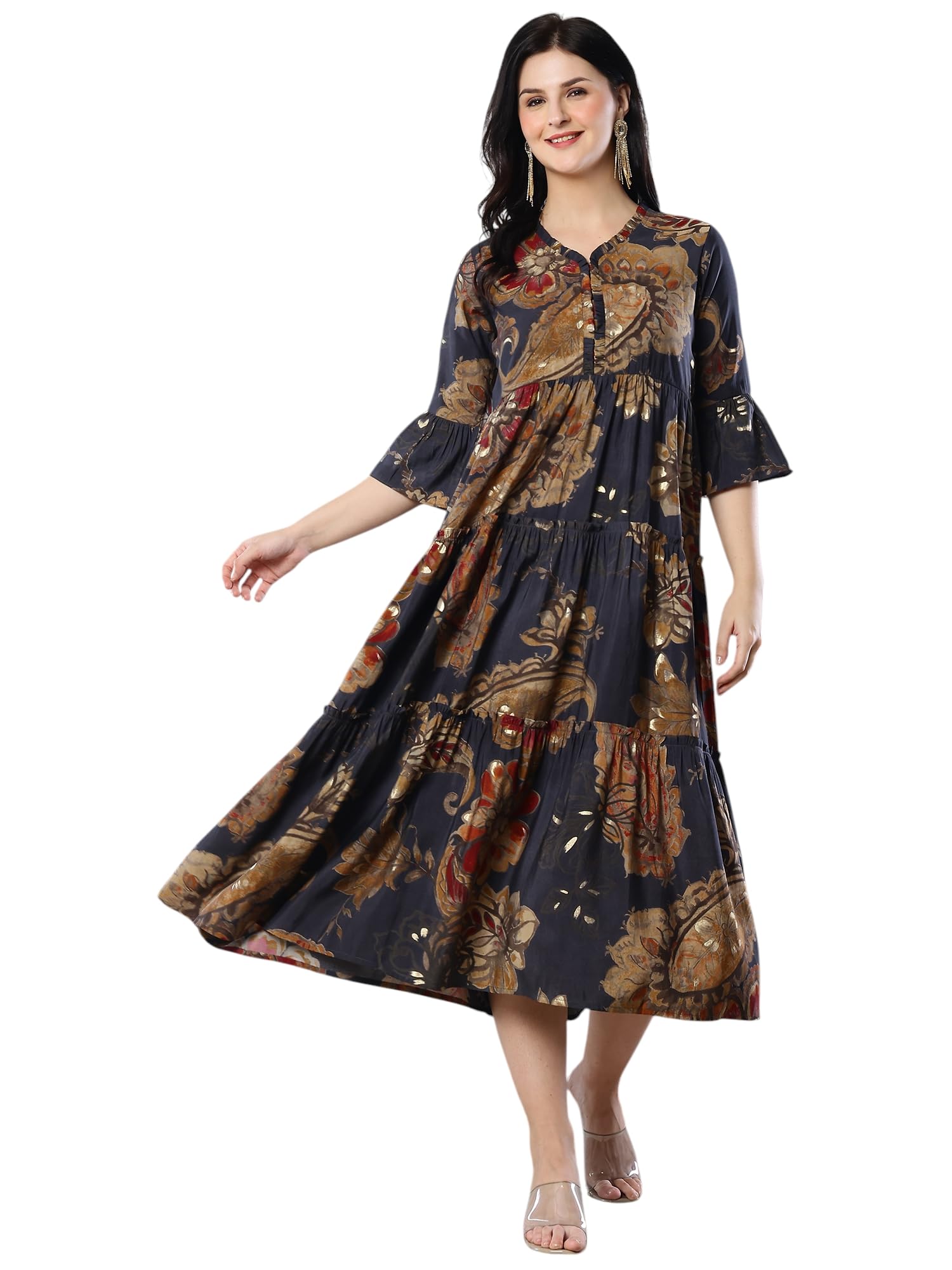 claura Women's Teal Floral Printed Tiered Midi Dress, V-Neck with Drawstring, 3/4 Sleeves-picture-31