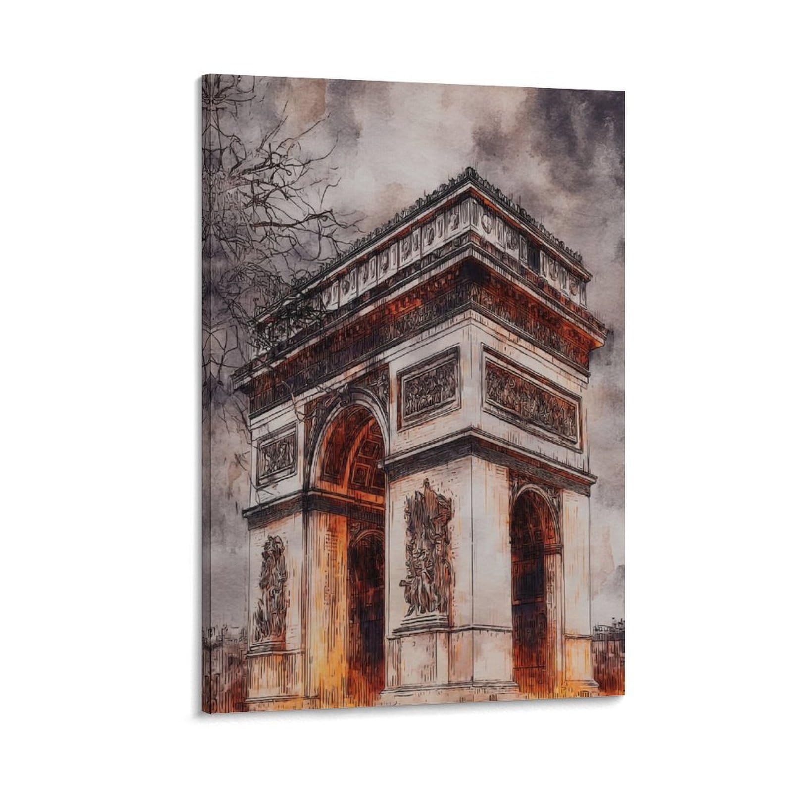 CNAHEIZ Paris France Arc De Triomphe 08x12inch(20x30cm) Vintage Travel Poster Watercolor Canvas Art