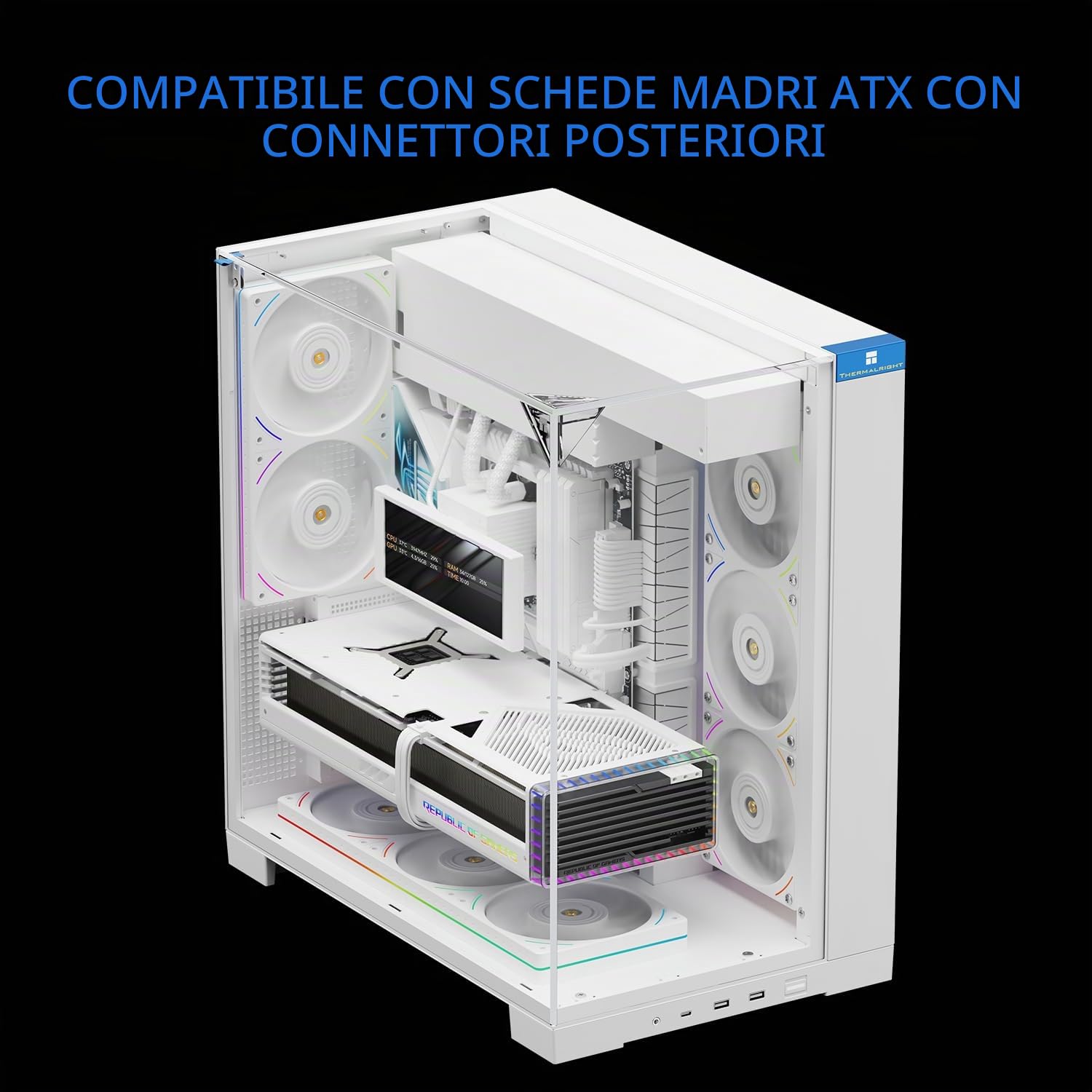 Thermalright A70 Bianco PC-Case-Panorama a 270°-Vetro Temperato ATX-Midi Tower Chassis, supporta scheda madre ATX/GPU 420mm, gestione cavi nascosta-Bianco