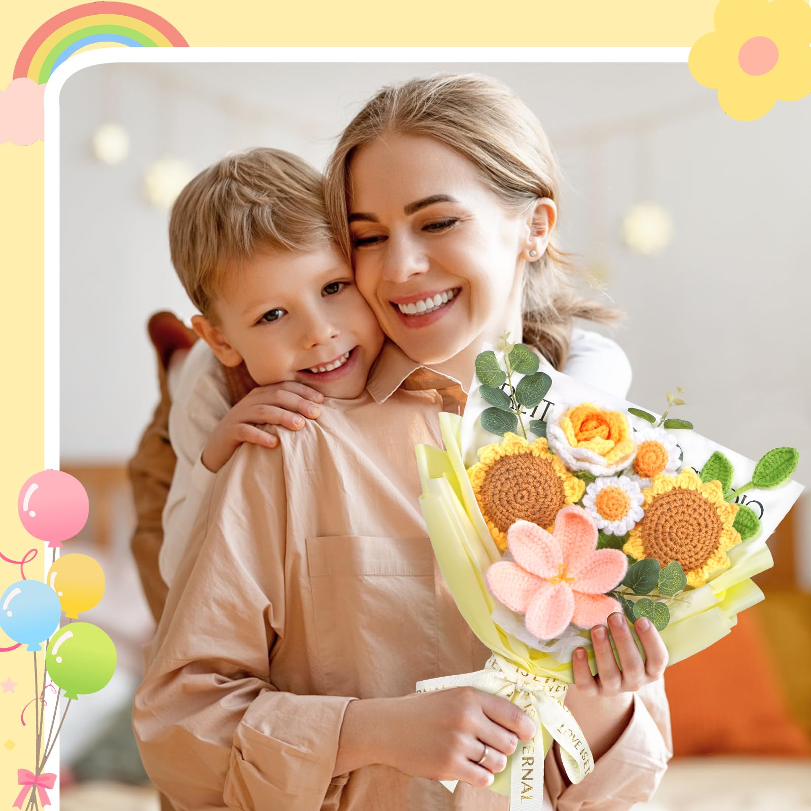 Dremisland Ramo de Flores de Punto de Ganchillo Tulipanes de Ganchillo Tulipanes Falsos Tejido a Mano Ramo de Tulipán Tejido para Aniversario Graduación Día de La Madre Decoración (Girasoles Naranjas)
