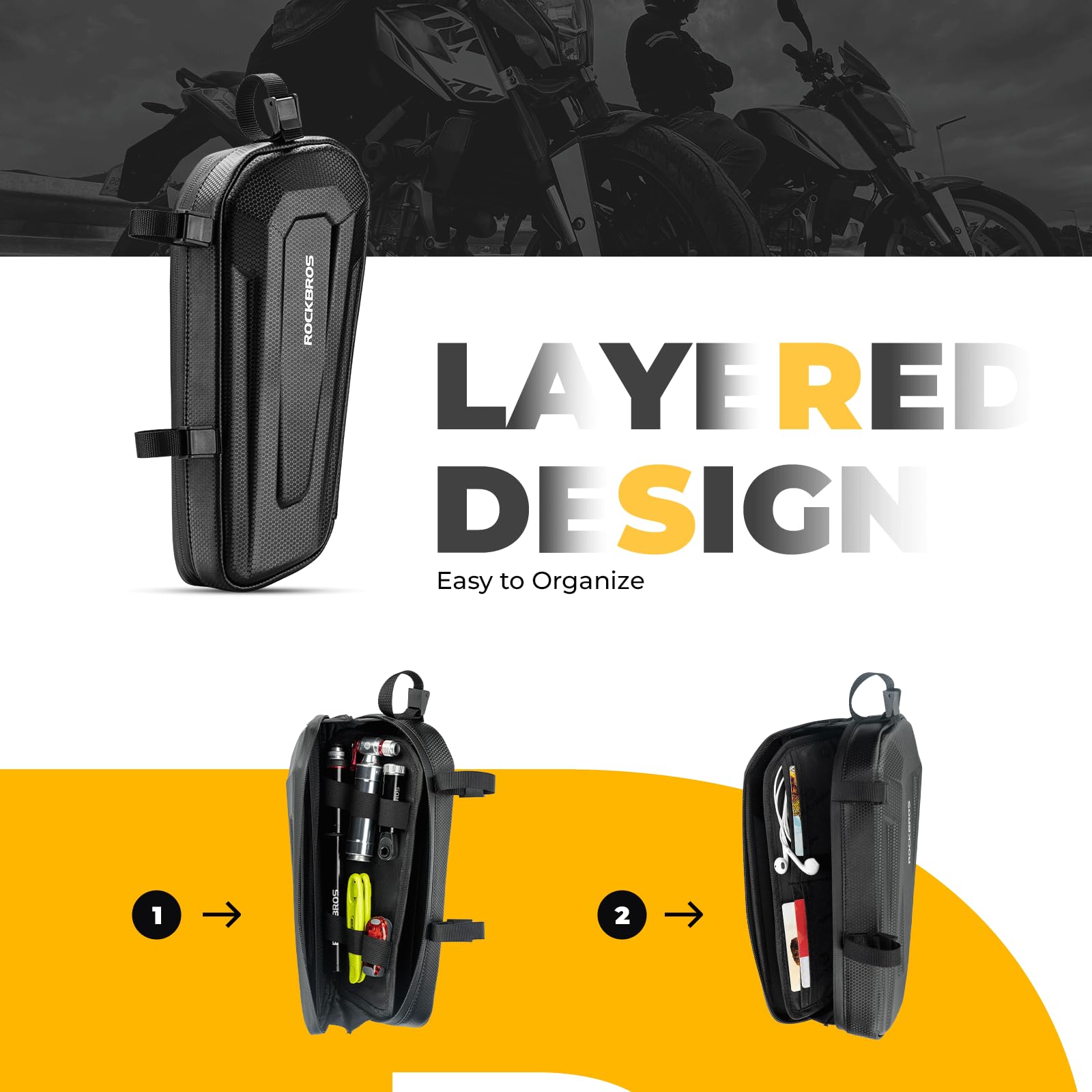 ROCKBROS Sacoche Moto Étanche Latérale en EVA Robuste, Cavalière pour Cadre, Antichoc Stable env. 1,5 L pour Plupart des Motos