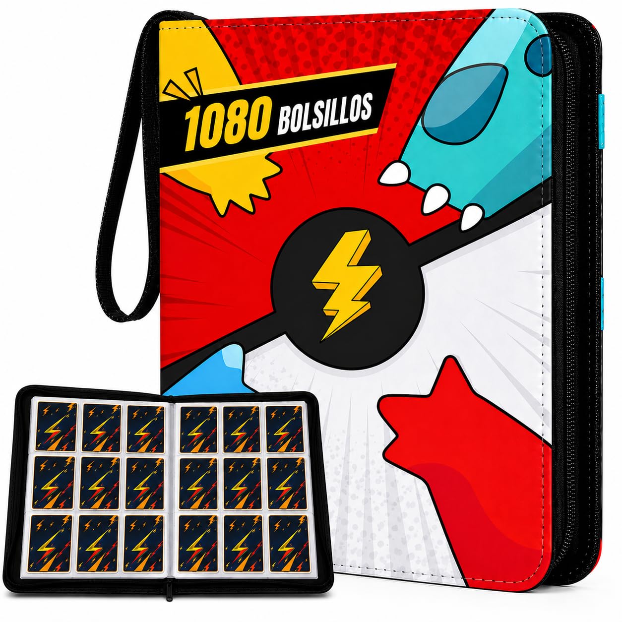Álbum Cartas para Pokémon – 1080 Cartas, 60 Páginas y 9 Bolsillos – Card Binder Grande con Cremallera – Carpeta para Cartas TCG con Archivador Impermeable y Doble Cara