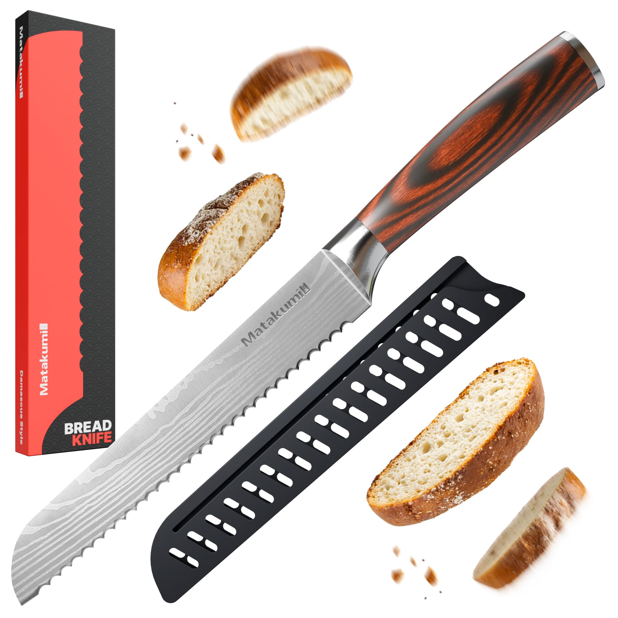 Matakumi Extra Scharfe Brotmesser - Rostfreies Edelstahl - Küchen Sägemesser - Damiastil - 20 cm Wellenschliff Klinge - 