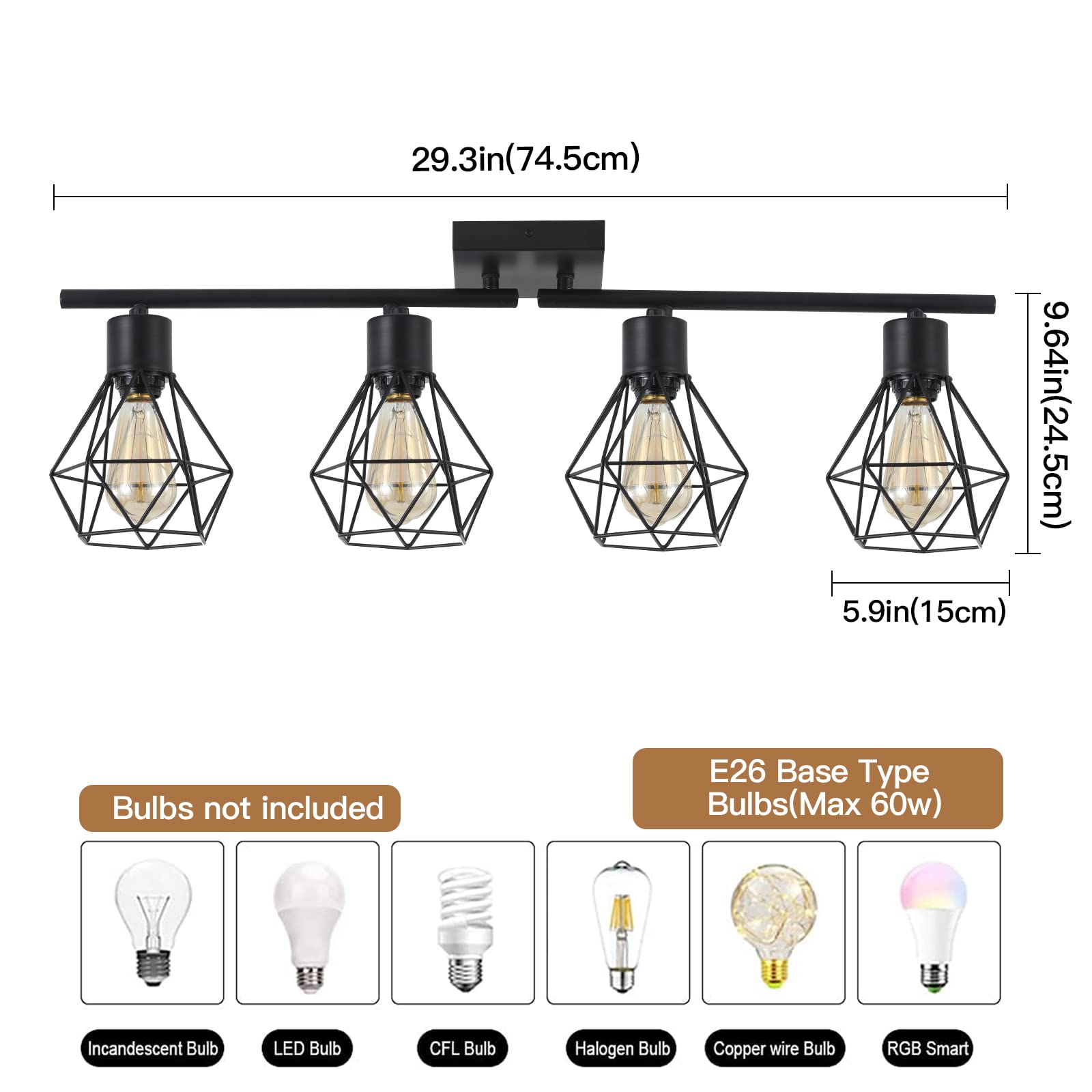 SEEBLEN Industrial 4 Light Track Lighting Kit, Black Flush Mount Wall/Ceiling Spot Lights Fixture, Directional Ceiling Light for Kitchen,Dining Room, Living Room, Hallway, Bathroom, Cabinet, Etc.